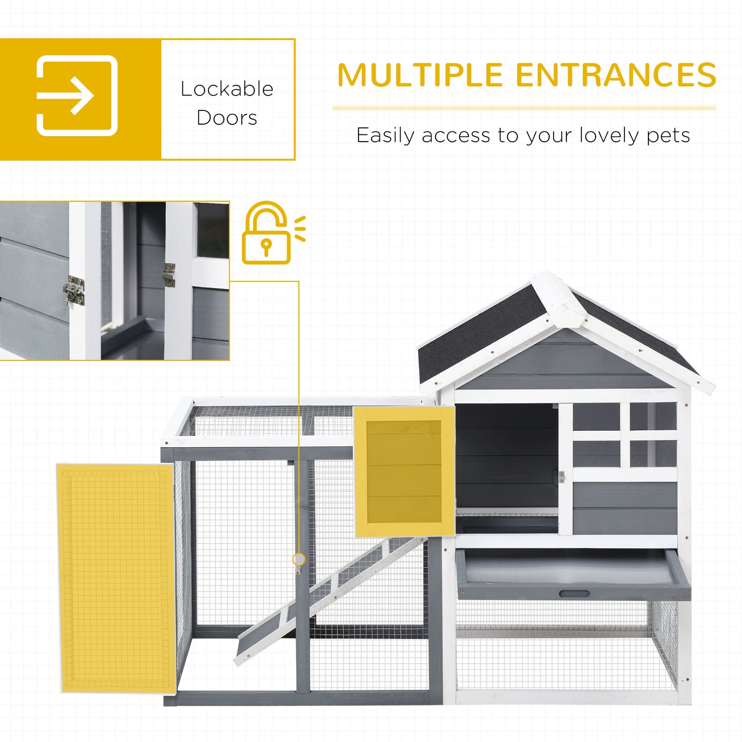 PawHut Indoor Rabbit Enclosure, 48" Weatherproof Wooden Rabbit Hutch, with Slanted Asphalt Roof & Fun Outdoor Run for Bunnies & Ferrets - Gray