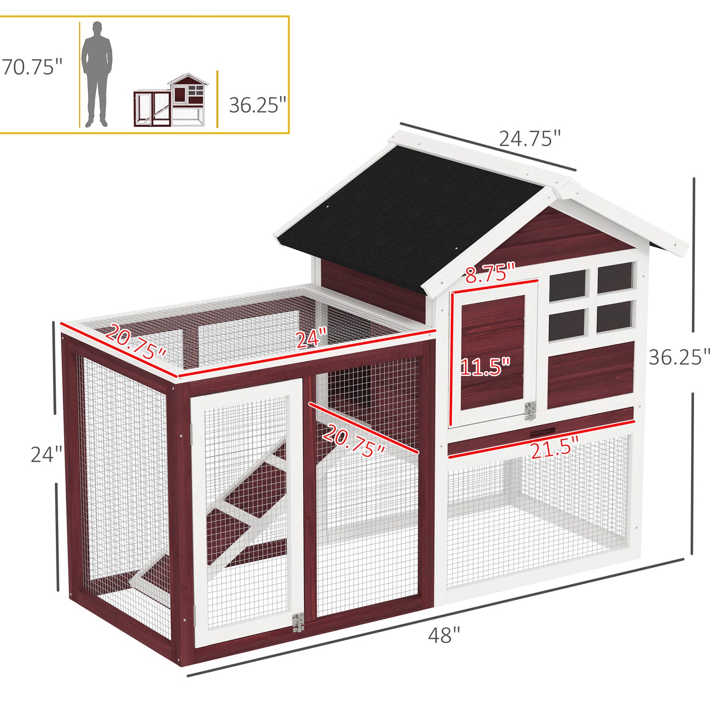 PawHut 48" Wooden Rabbit Hutch Bunny Cage with Waterproof Asphalt Roof, Fun Outdoor Run, Removable Tray and Ramp, for Rabbits, Chickens, Ducks, Brown