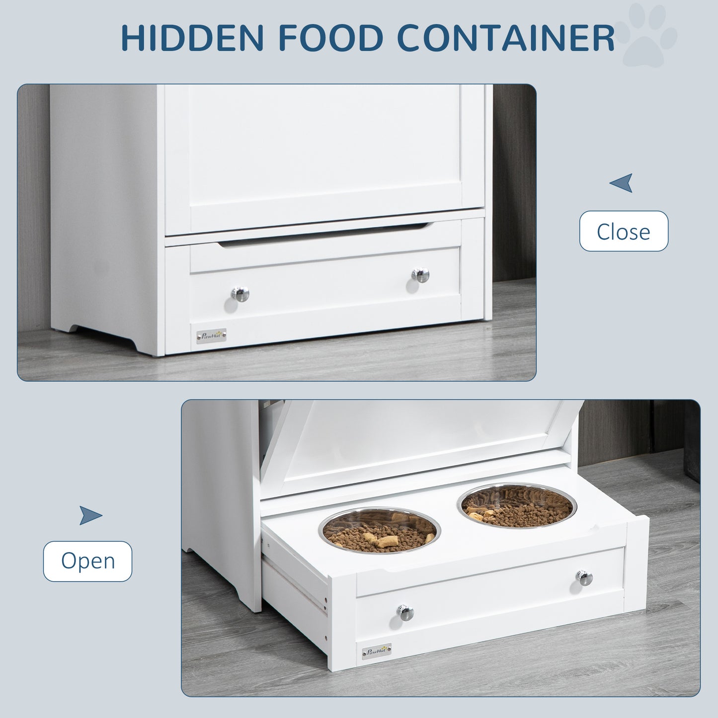 PawHut Pet Feeder Station Storage Cabinet, Dog Food Storage Container with Dog Raised Bowls, Watering Supplies, White