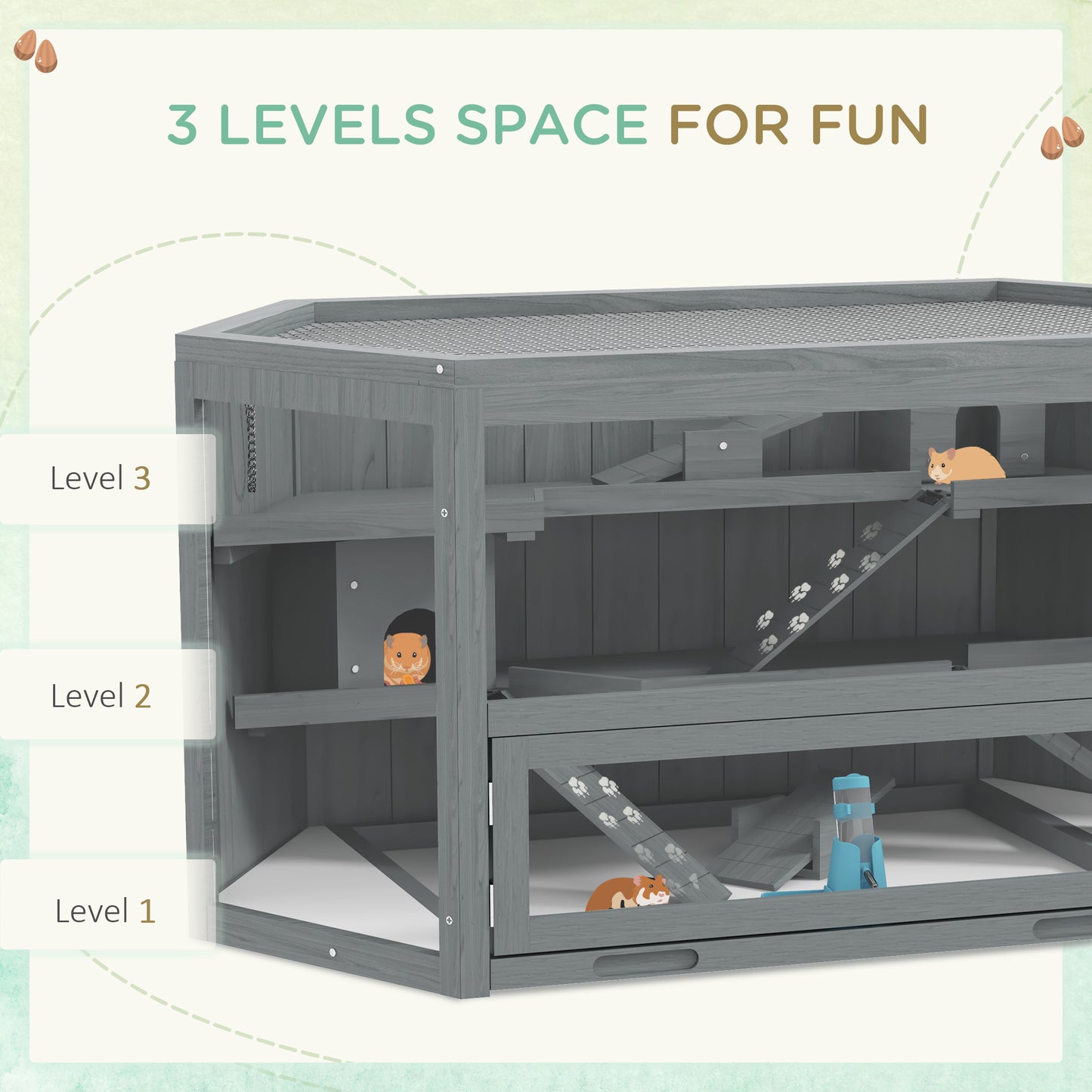 PawHut Wooden Hamster Cage Small Animal Exercise Play House 3 Tier with Tray, Seesaws, Water Bottle, Activity Center, Gray