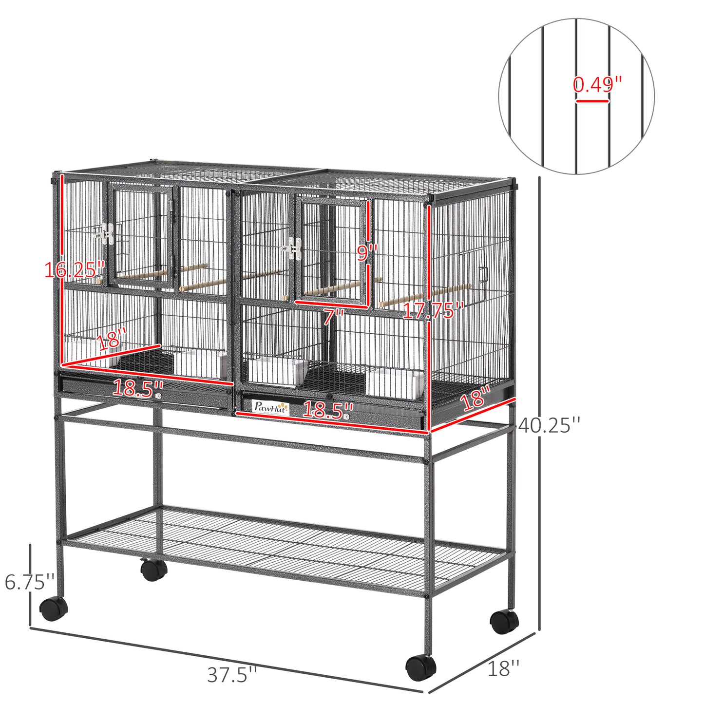 PawHut Divided Breeder Bird Cage with Rolling Stand Removable Metal Tray, Storage Shelf, Wood Perch, and Food Container
