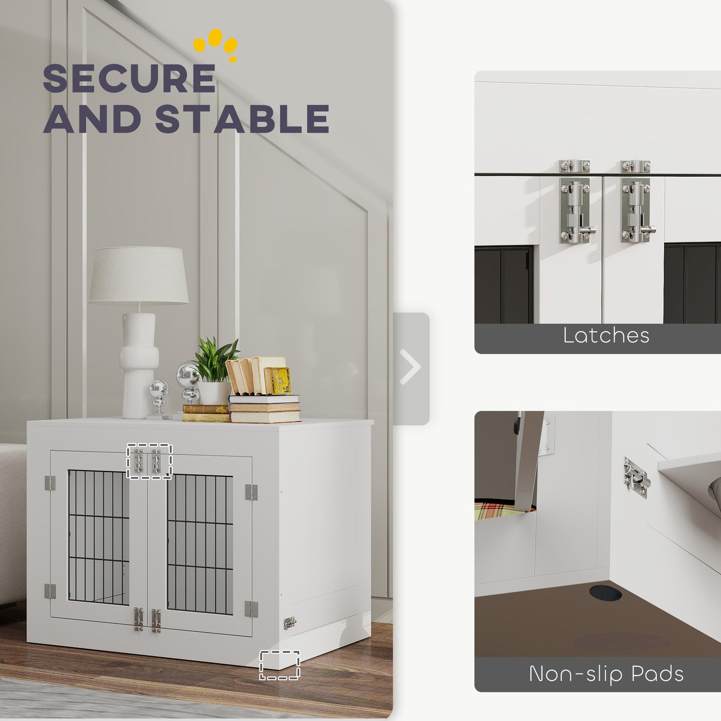 PawHut Dog Crate Furniture with 360° Rotatable Removable Dog Bowls, Dog Kennel Furniture for Medium Dogs, White