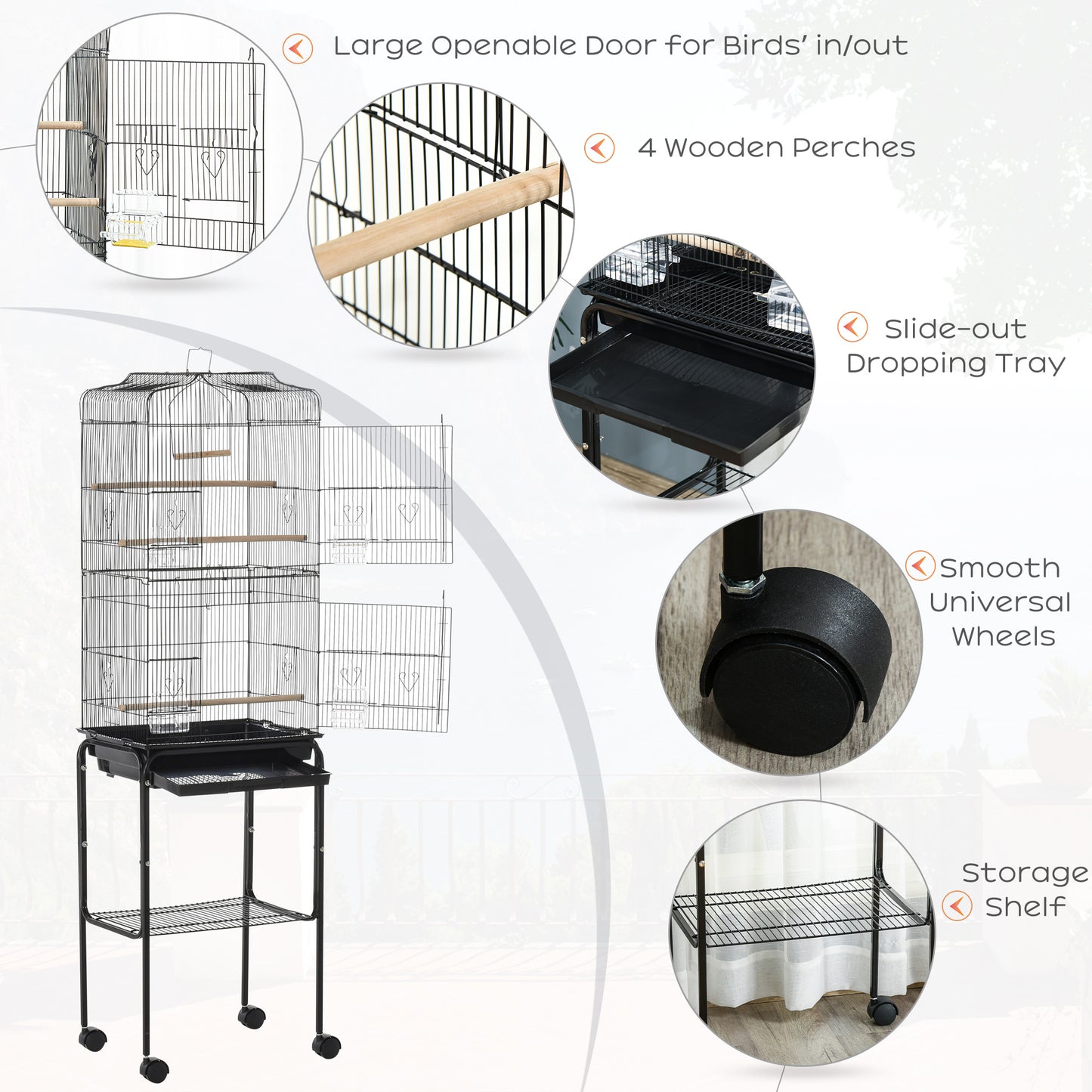 PawHut 60" Metal Indoor Bird Cage Starter Kit with Detachable Rolling Stand, Storage Basket, and Accessories, Black