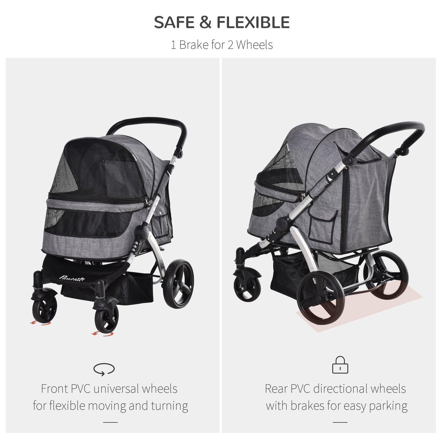 PawHut Pet Stroller Foldable Dog Cat Travel Carriage with Adjustable Handlebar PVC Wheel Brake Storage Bag Mesh Window Safety Leash Aluminum Grey
