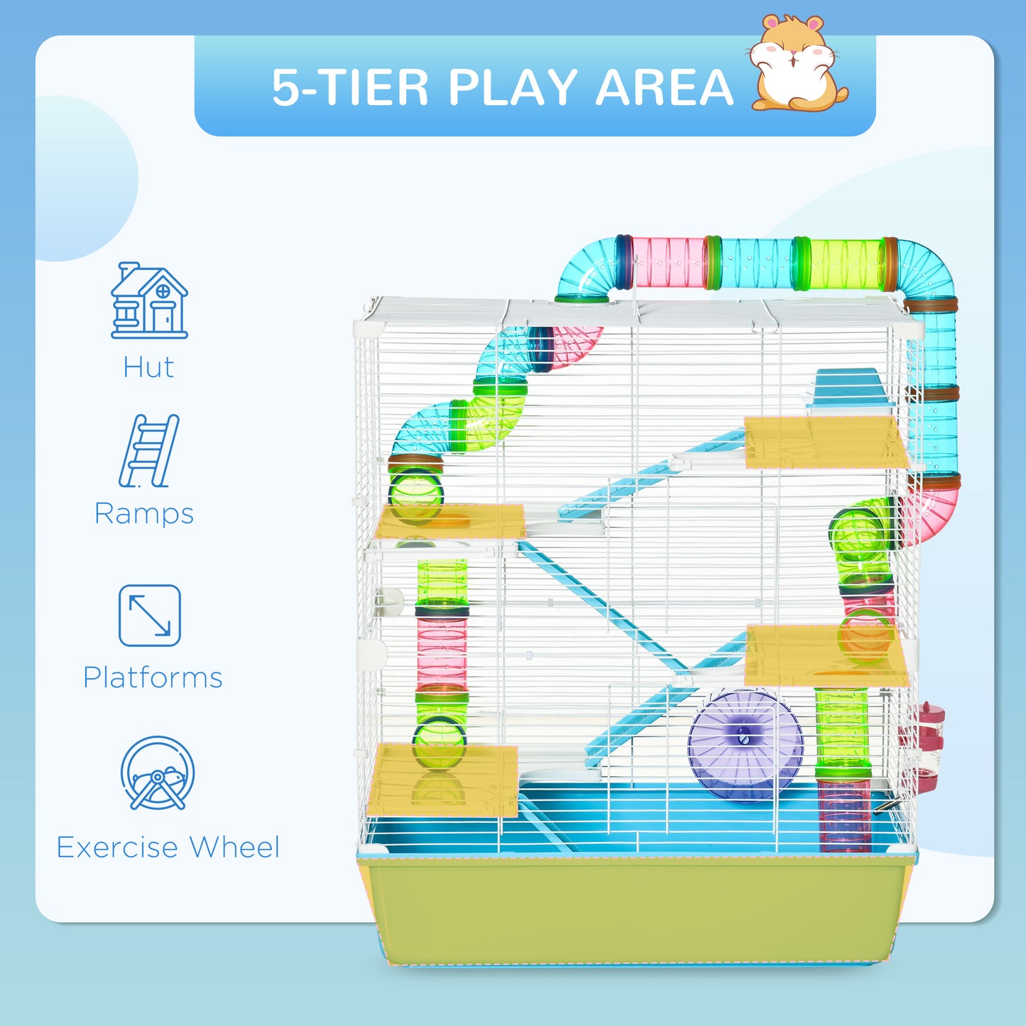 PawHut Extra Large 23" Hamster Cage with Tubes and Tunnels, Portable Carry Handles, Rat House and Habitats Big 5-Tier Design, Mouse Cage Includes Exercise Wheel, Water Bottle, Food Dish, Light Blue