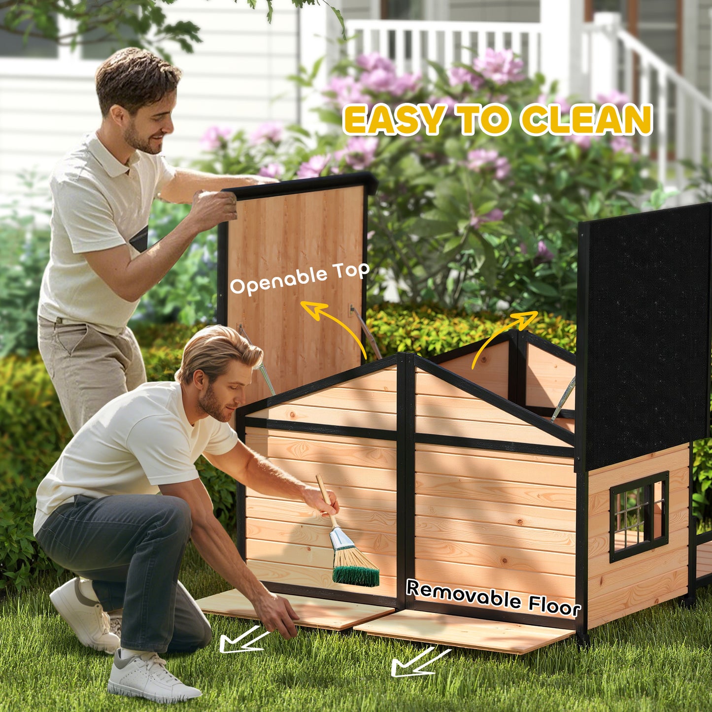 PawHut Dog House Outdoor, Wooden Dog Kennel Weatherproof with Porch, Openable Roof, Removable Bottom, Elevated Floor, Double Room for 2 Small to Medium Breeds, Natural