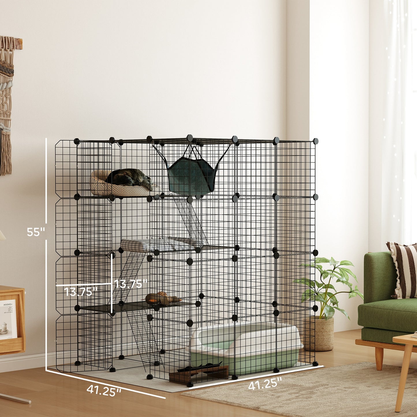 PawHut DIY 4 Tier Cat Cage Indoor with Hammock, Ramps, Jumping Platforms, Doors, Cat Enclosure for 1-3 Cats, 3 x 3 x 4, Black