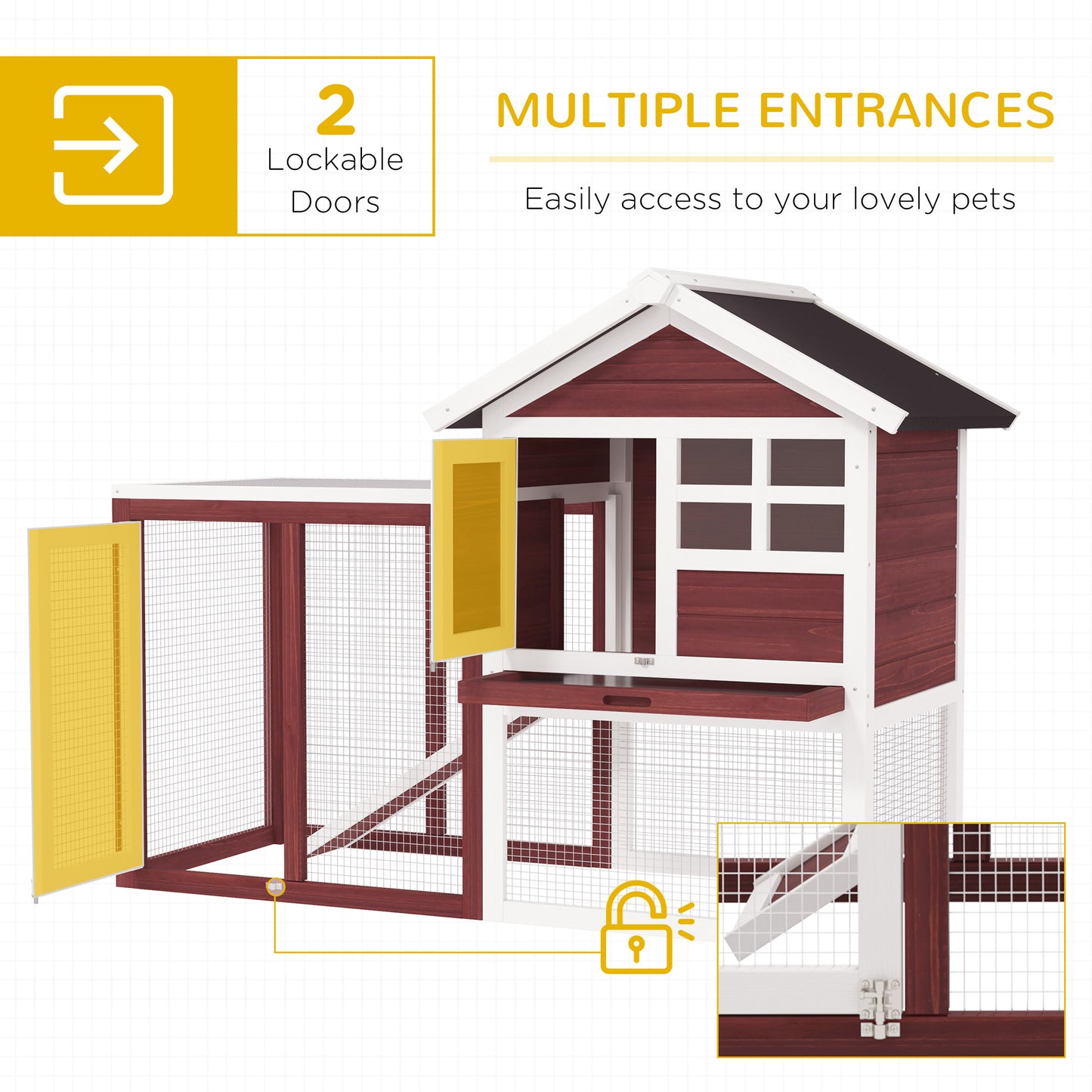 PawHut 48" Wooden Rabbit Hutch Bunny Cage with Waterproof Asphalt Roof, Fun Outdoor Run, Removable Tray and Ramp, for Rabbits, Chickens, Ducks, Brown