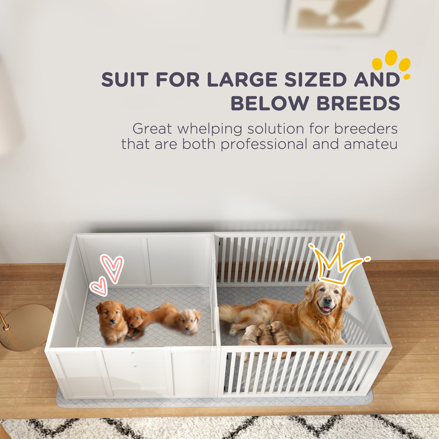 PawHut Dog Whelping Box w/ Waterproof Pee Pad & Adjustable Door for Small, Medium & Large Breed Dogs, 65" x 31.5"