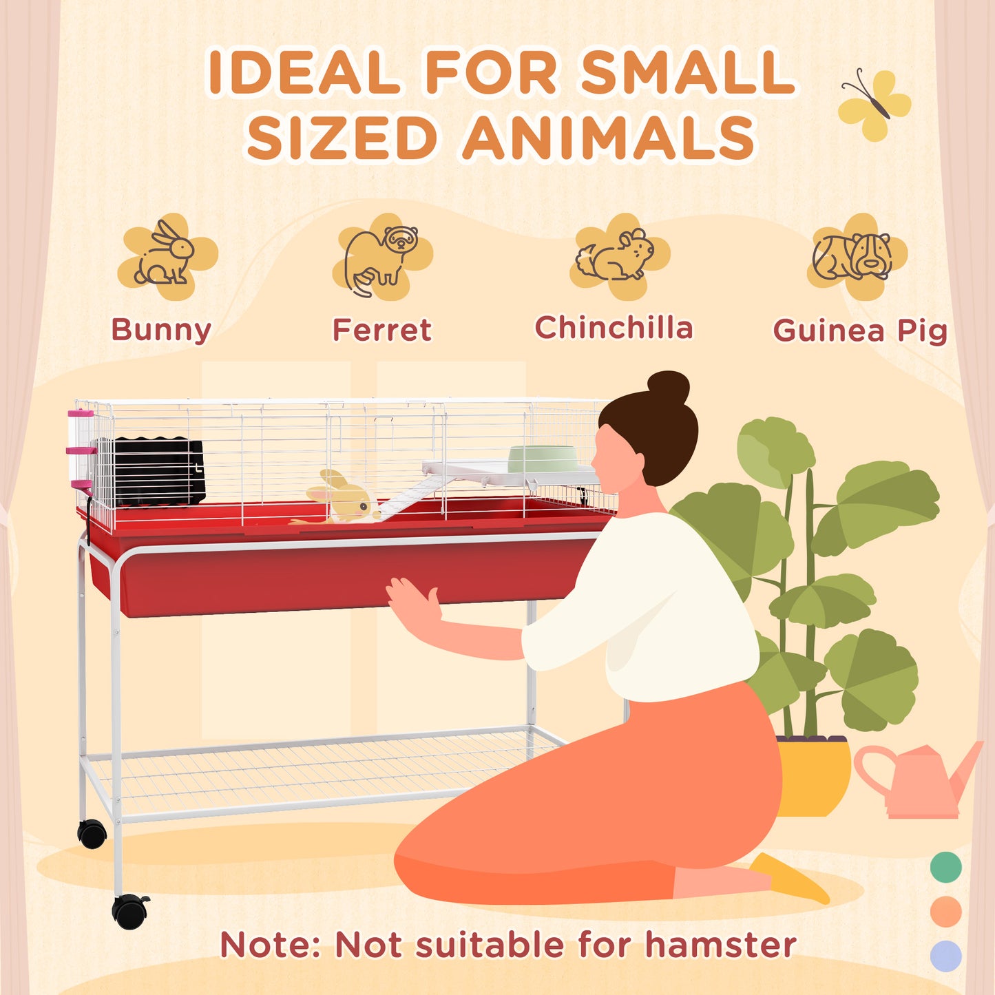 PawHut Two-Story Small Animal Cage Removable from Stand, Pet Habitat with Shelf & Wheels, 39" x 20.5" x 36.5", Red