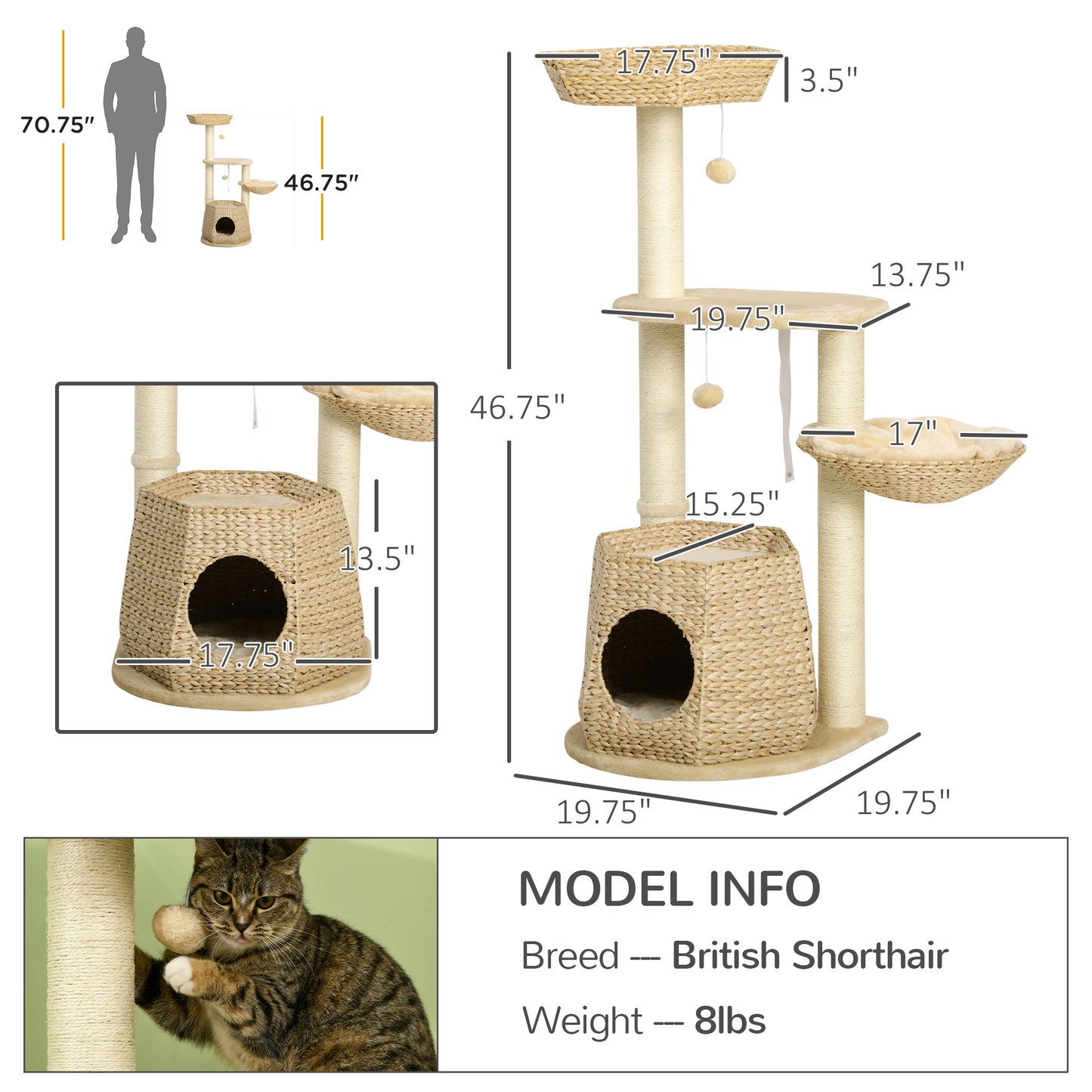 PawHut Cat Tree, 47" Cat Tower for Indoor Cats with Cattail Fluff Cat Condo, Cat Beds, Jumping Platform, Scratching Posts, Hanging Toy Ball, Natural