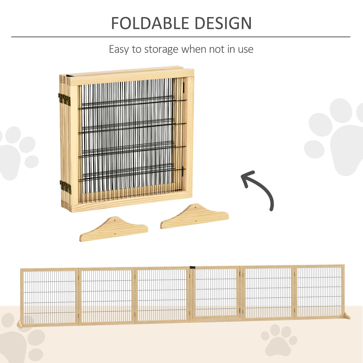 PawHut Wooden Pet Gate, 6-Panel Folding Dog Safety Barrier with Support Feet for Small & Medium Dogs, Natural Wood