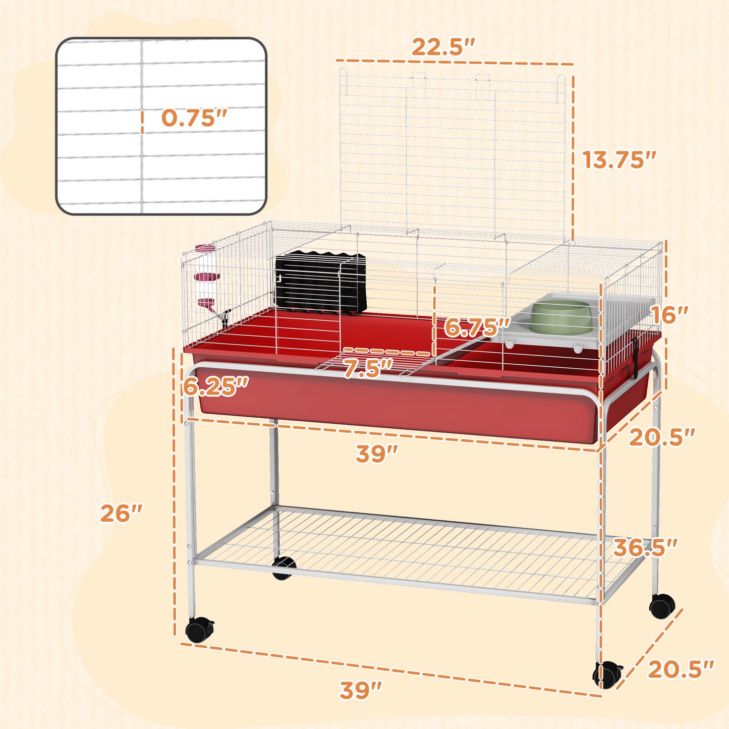 PawHut Two-Story Small Animal Cage Removable from Stand, Pet Habitat with Shelf & Wheels, 39" x 20.5" x 36.5", Red