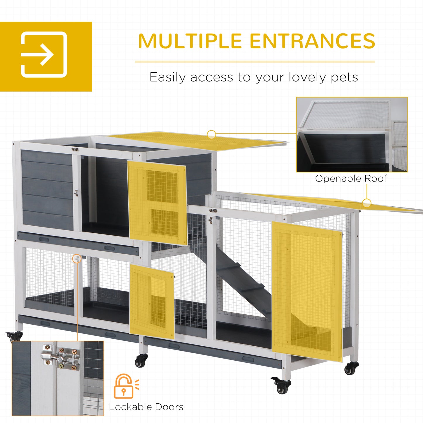 PawHut Wooden Rabbit Hutch Bunny Hutch Elevated Pet House Cage Small Animal Habitat with No Leak Tray Lockable Door Openable Top for Rabbits, Chickens, Ducks, Indoor 57.75" x 18" x 32.5" Gray