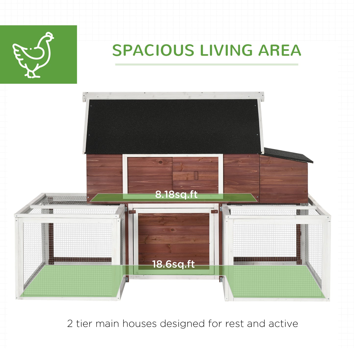 PawHut Wooden Chicken Coop, Outdoor Chicken Cage Poultry Hen House with Nesting Box, Double Runs, Asphalt Roof, Ramp