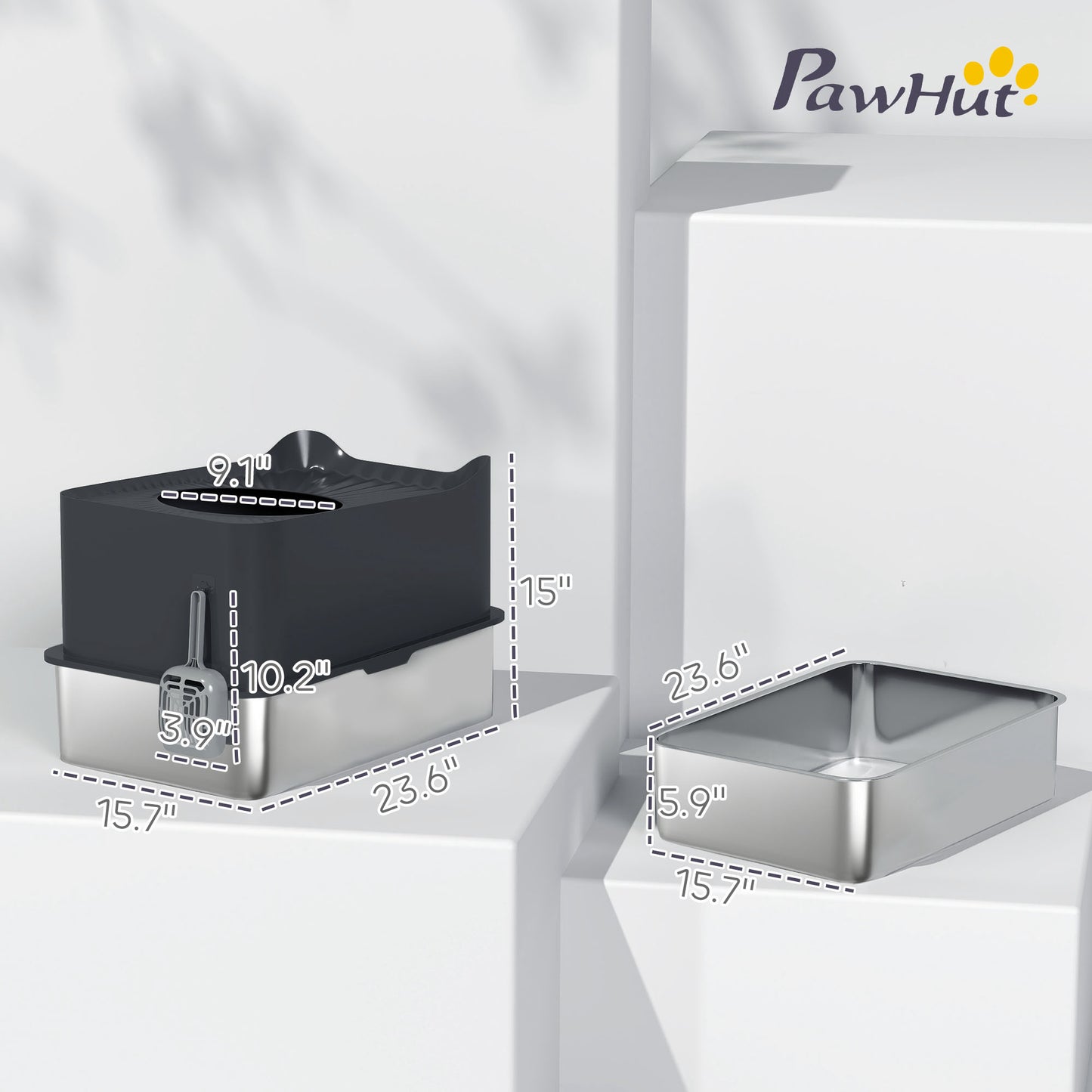 PawHut XL Stainless Steel Litter Box, w/Scoop & Non-slip Pads, Black