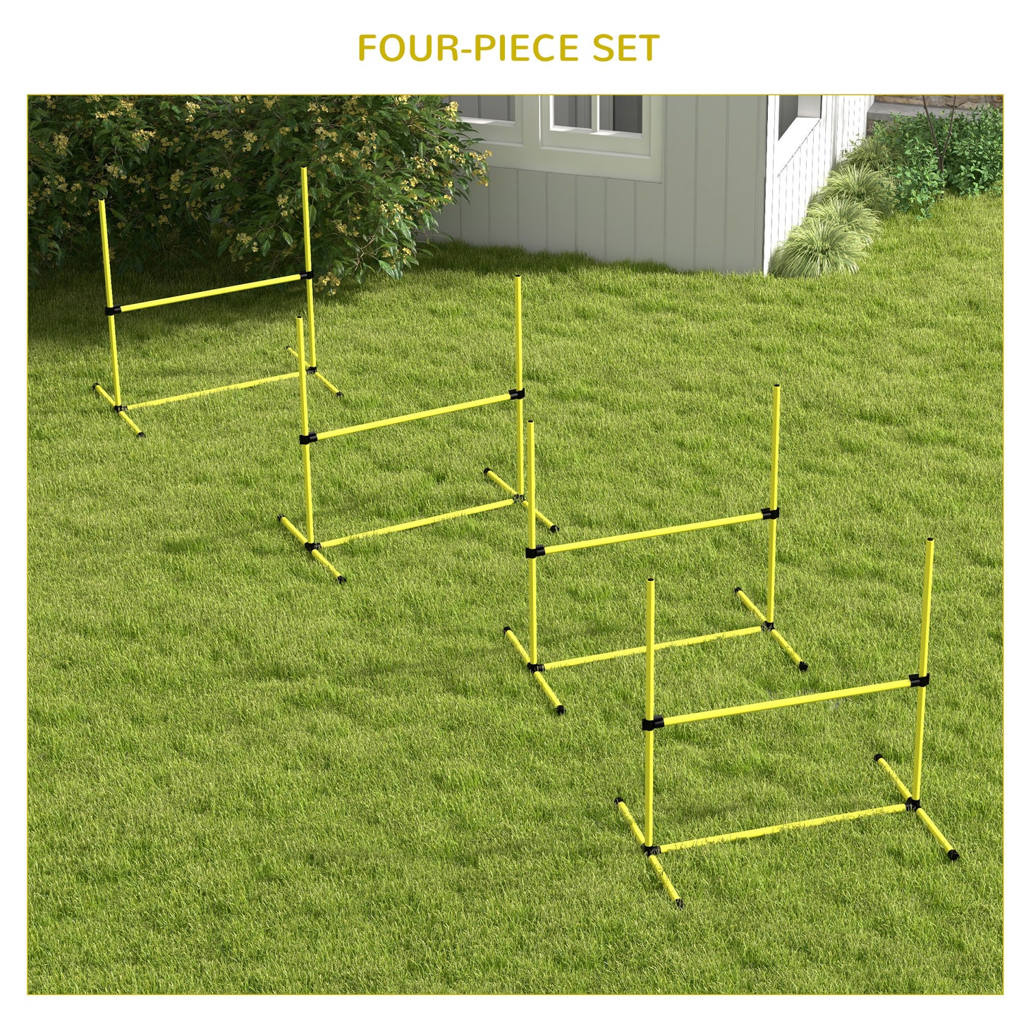 PawHut 4 Piece Dog Agility Set with Adjustable Height Jump Bars, Carry Bag, Displacing Top Bar, Yellow Yellow