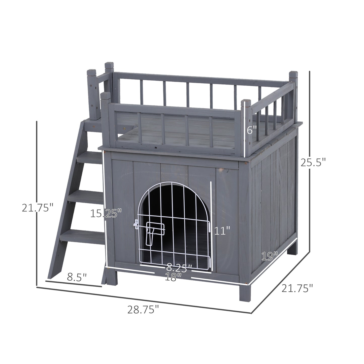 PawHut 2-Level Wooden Cat House, Outdoor Dog Shelter Cat Condo with Lockable Wire Door and Balcony, Gray