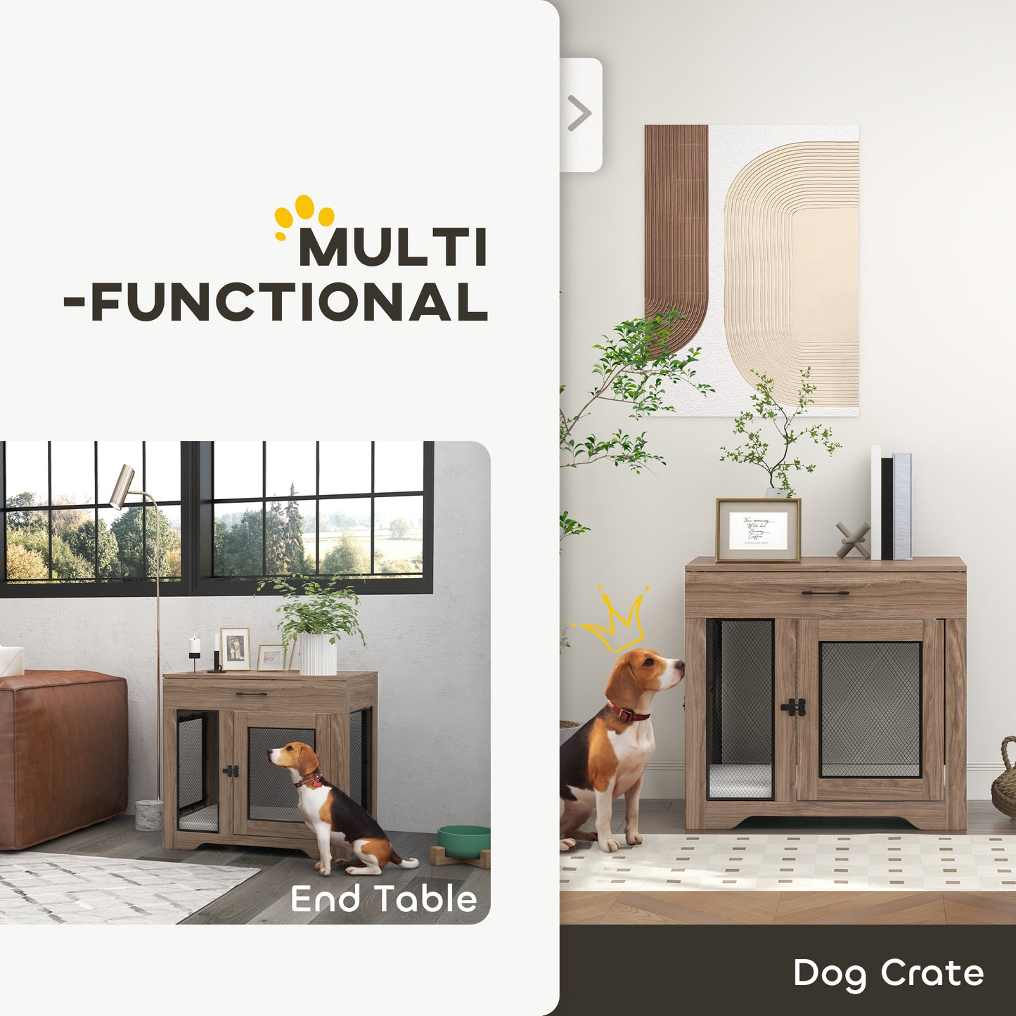 PawHut Dog Crate Furniture with Soft Water-Resistant Cushion, Drawer, for Small Dogs, Brown