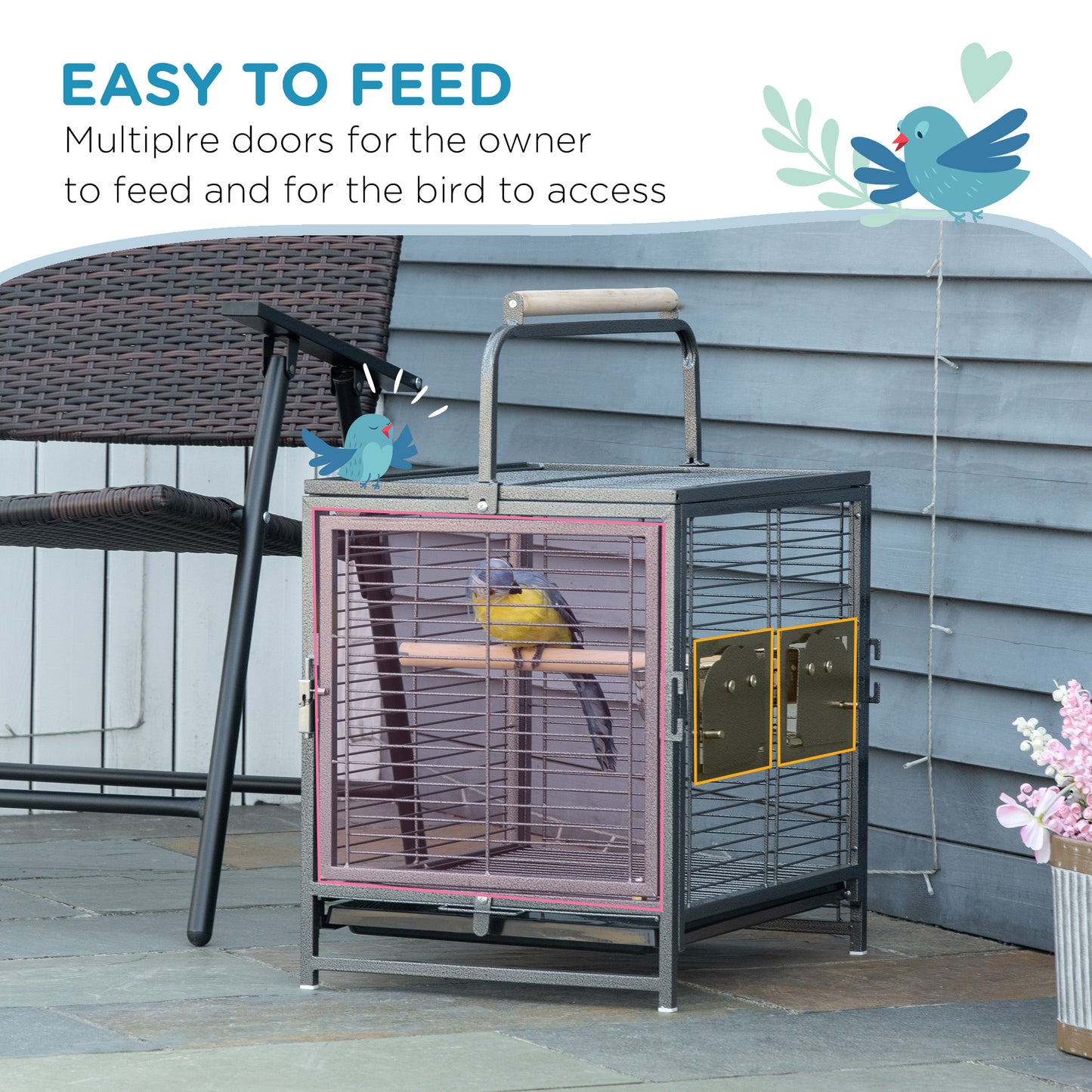 PawHut 18" Parrot Travel Carrier, Heavy Duty Wrought Iron Travel Bird Cage Carrier With Handle Perch And Accessories, Black