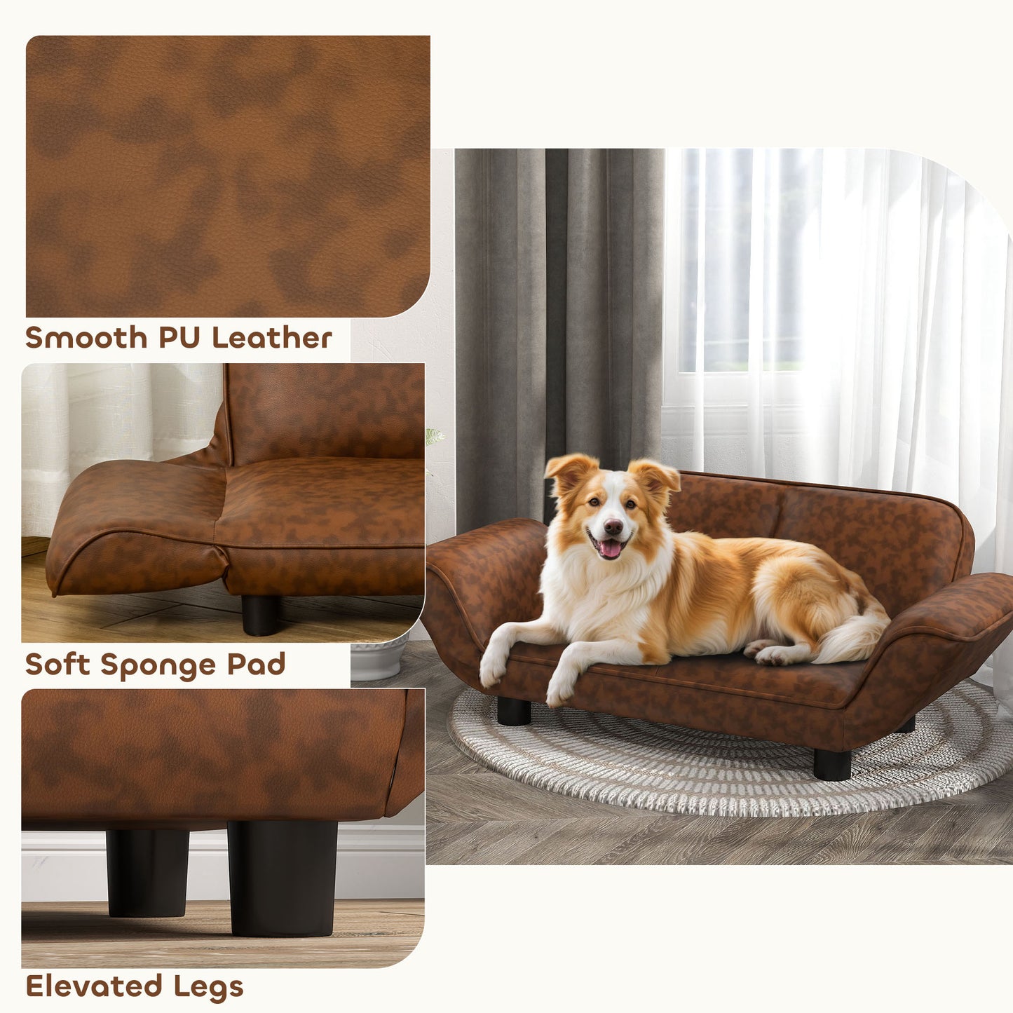 PawHut Pet Sofa Dog Bed Couch, Foldable Cat Lounger PU Leather Cover for Medium & Large Sized Animals, 39" x 21.75" x 17.75", Expandable to 52" x 30.25" x 7", Brown