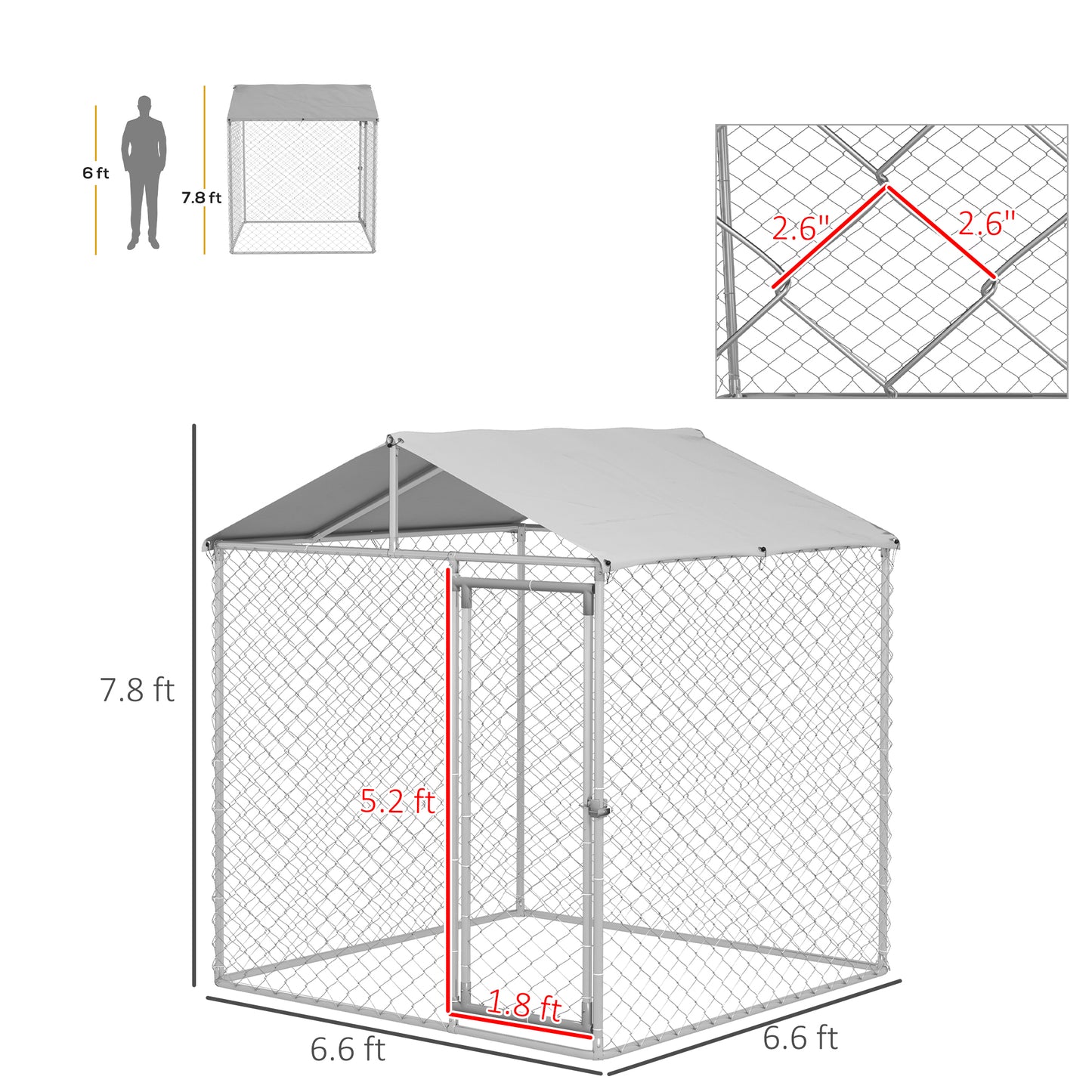 PawHut 6.6' x 6.6' x 7.8' Dog Kennel Outdoor for Small Medium Dogs with Waterproof Roof, Silver