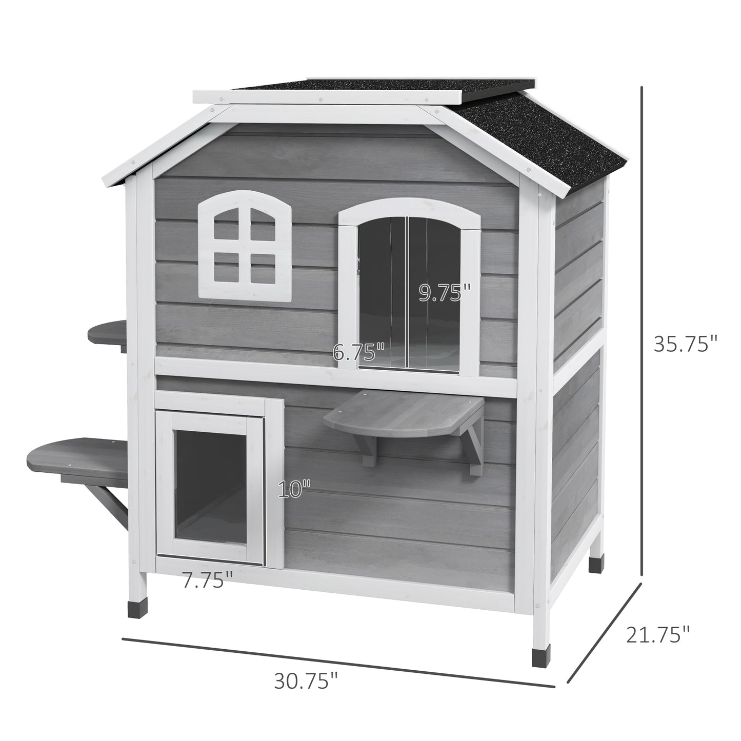 PawHut 2-story Cat House Outdoor, Weatherproof Wooden Cat Enclosure for Feral Cats with Escape Door, Openable Roof, Jumping Platforms, Gray