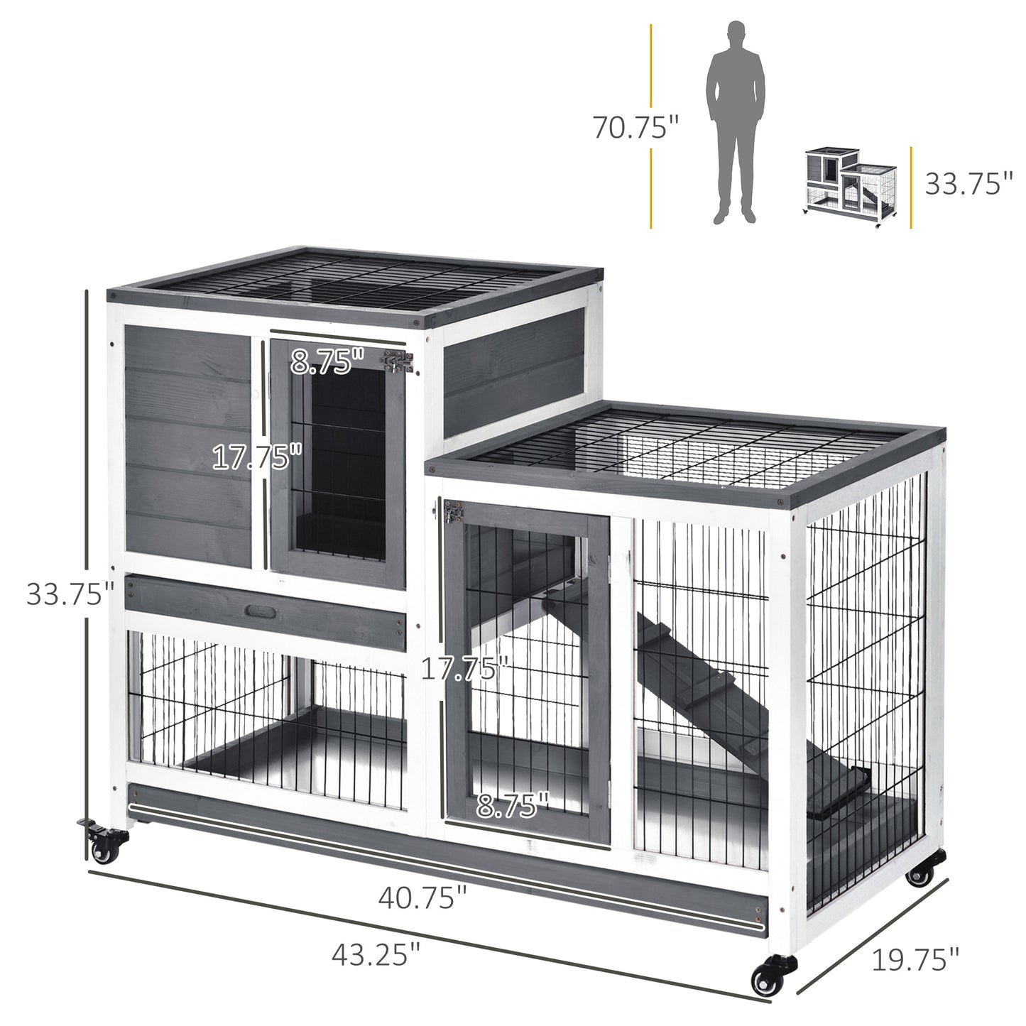 PawHut Wooden Rabbit Hutch Elevated Bunny Cage Indoor Small Animal Habitat with Enclosed Run with Wheels, Ramp, Removable Tray for Rabbits, Chickens, Ducks, Guinea Pigs, Gray