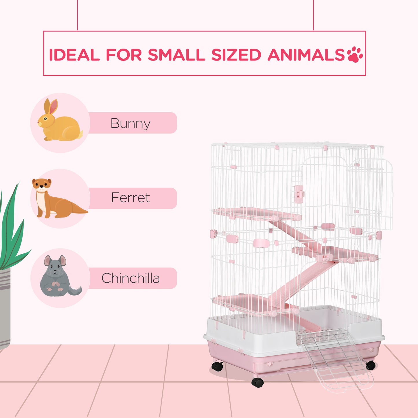 PawHut 32"L 4-Level Small Animal Cage Rabbit Hutch with Wheels, Slide-out Tray for Bunny, Chinchillas, Ferret, Pink