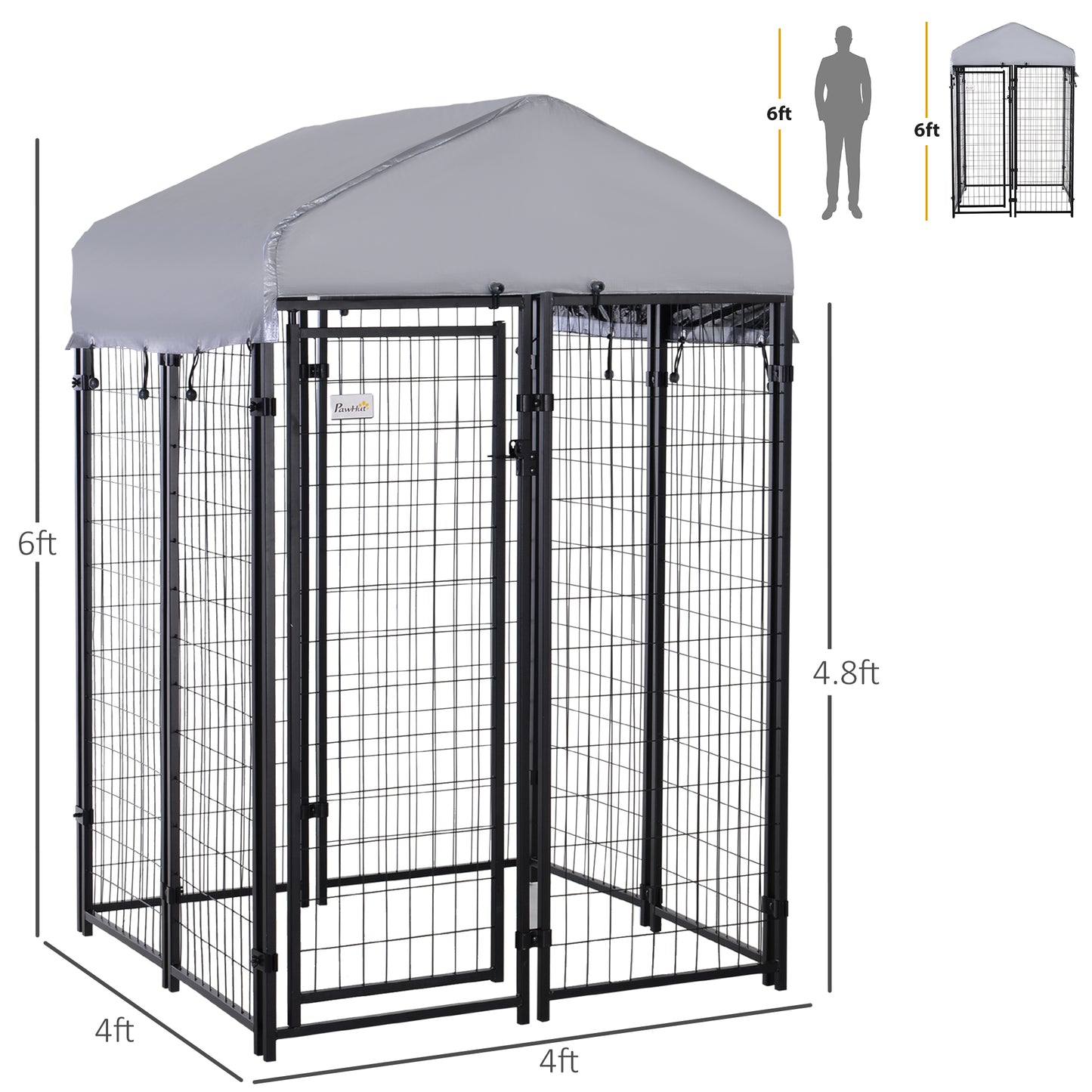 PawHut Outdoor Dog Kennel with Roof, 4' x 4' x 6' Heavy Duty Welded Wire Dog Playpen Enclosure with Escape-proof Lock, UV-Resistant & Waterproof Cover, for Medium Dogs, Chickens, Ducks, Silver
