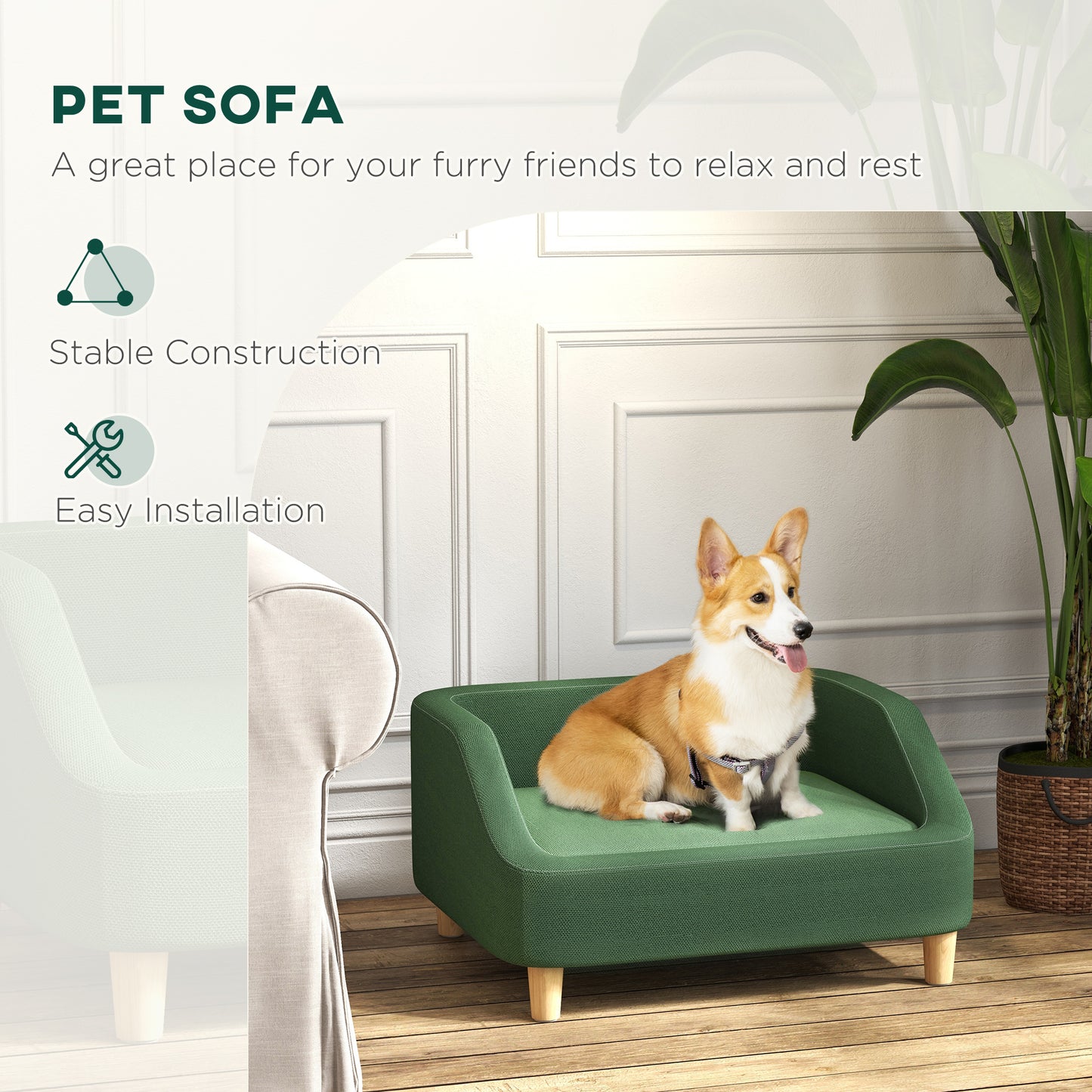 PawHut Pet Sofa Dog Bed for Small and Medium Dogs with Washable Cushion, Non-slip Pads, Dark Green