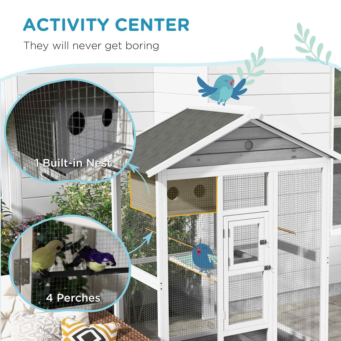 PawHut 64.5" Wooden Bird Cage Aviary, Flight Cage with 4 Perches, Nest and Slide-Out Tray for Indoor/Outdoor, Gray