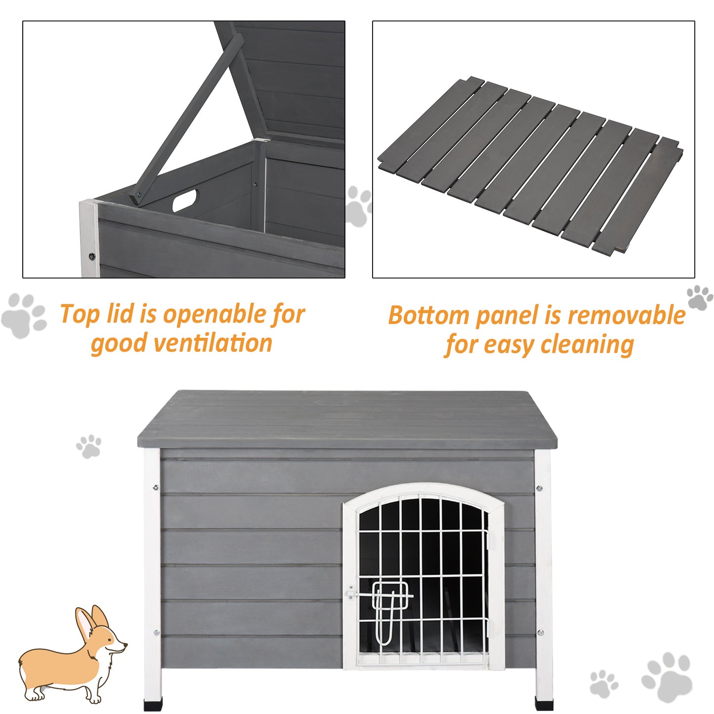 PawHut 31"L Wooden Decorative Dog Cage Kennel Wire Door with Lock Small Animal House with Openable Top Removable Bottom Gray