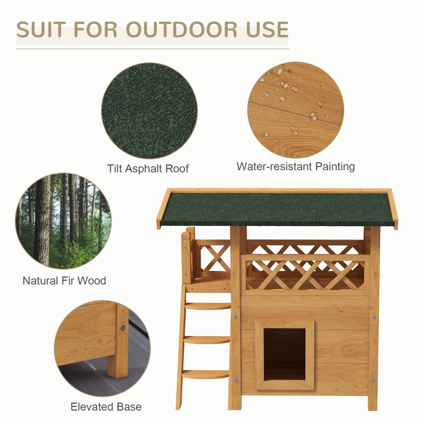 PawHut Outdoor Cat House, Wooden Kitten Condo, Natural