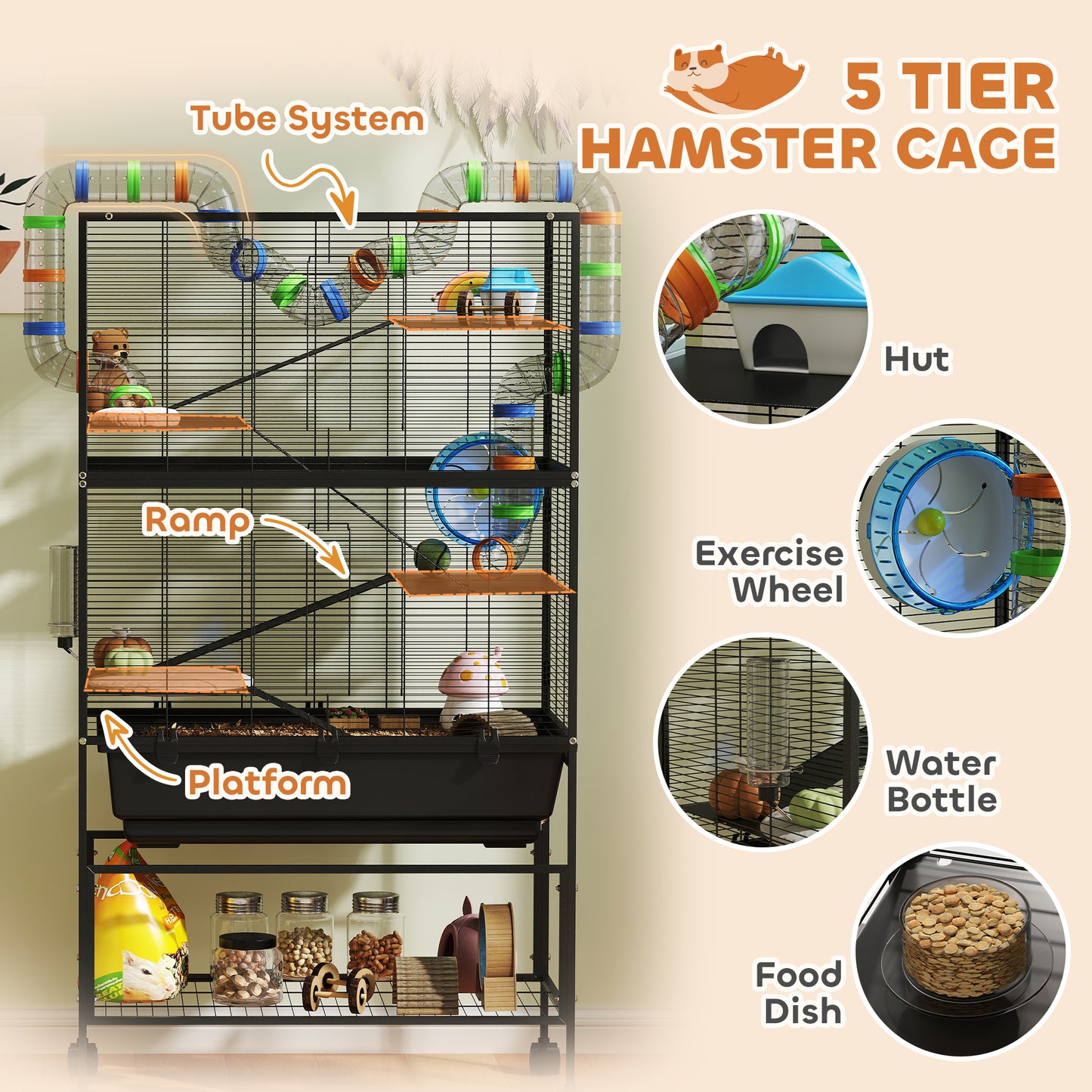PawHut 5 Tier Hamster Cage, Rolling Rat Cage with Deep Tray, Storage Shelf, Big Exercise Wheel, Hut, Tube System