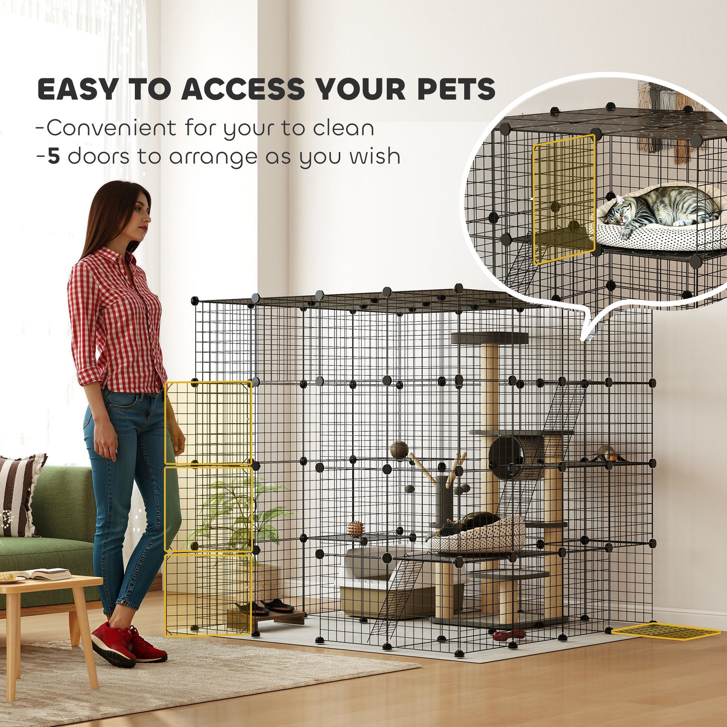 PawHut Detachable Metal Cat Cage with Platforms, Ramps, Accessories, for 1-3 Cats, 55", Black