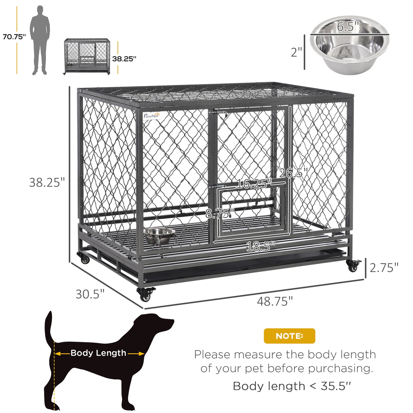 PawHut Heavy Duty Dog Crate, Metal Dog Cage Kennel with Lockable Wheels, Slide-Out Tray, Food Bowl and Double Doors, 49"