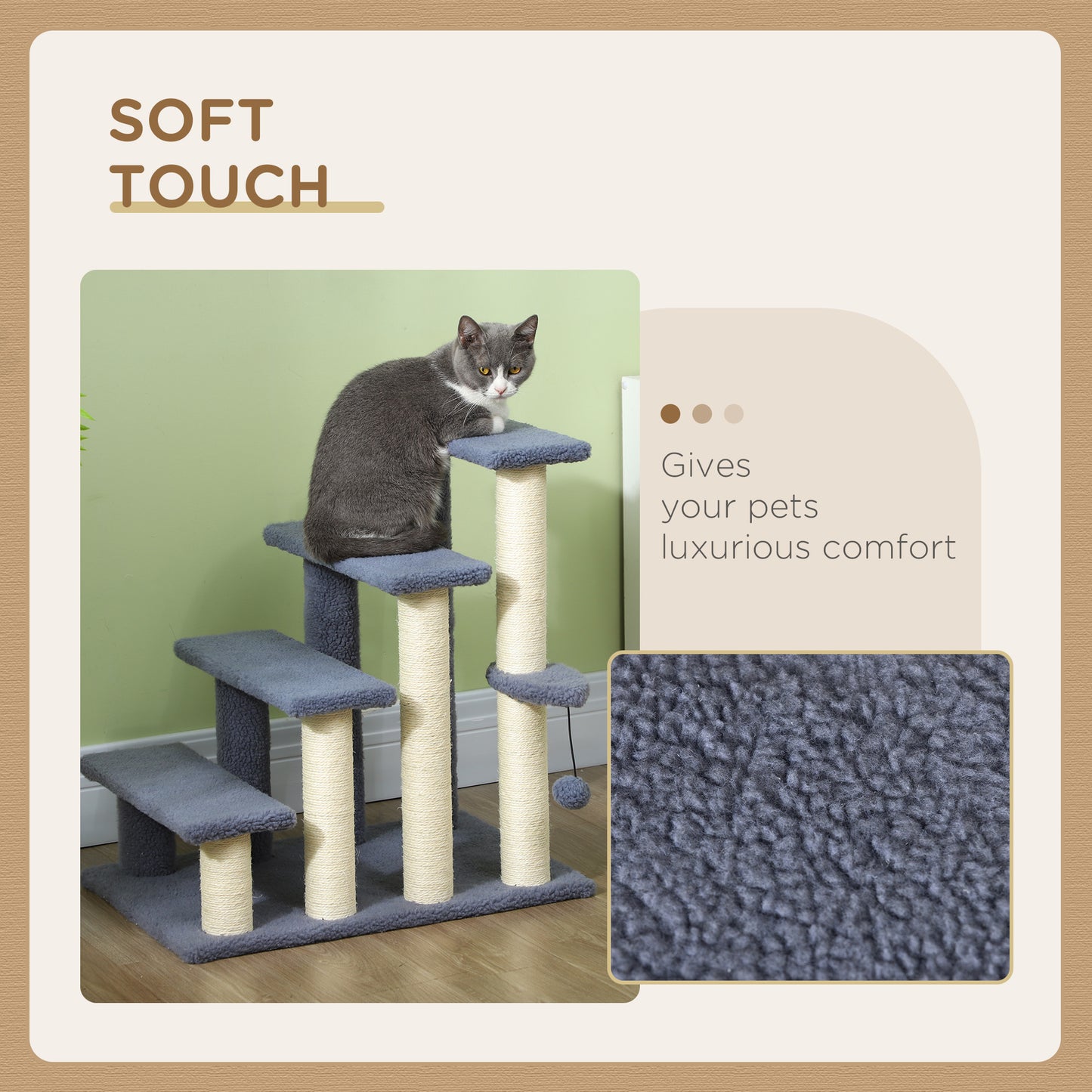 PawHut 4 Levels Cat Steps with Scratching Posts for High Bed, Sofa, Gray