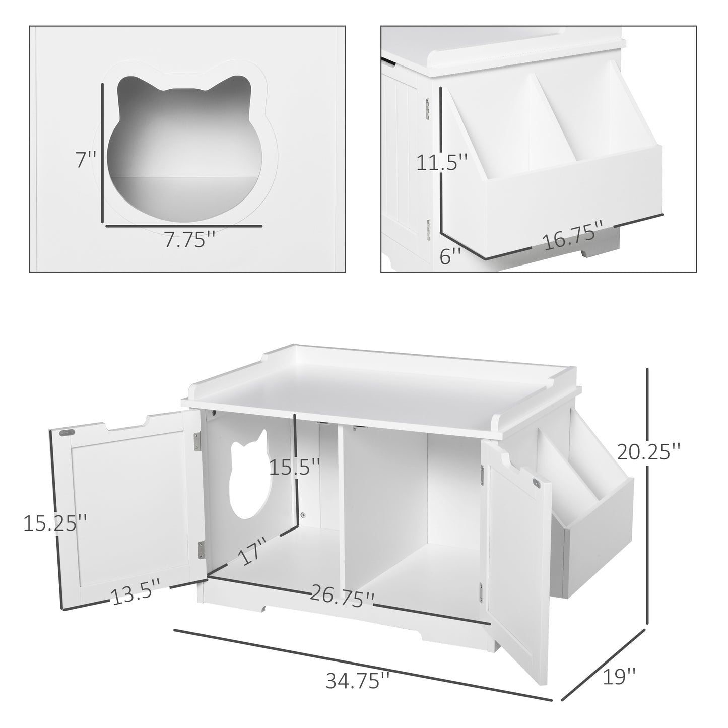 PawHut Wooden Cat Litter Box Enclosure, Hidden Cat Washroom, Kitten House with Nightstand End Table and Storage Rack Magnetic Doors, White