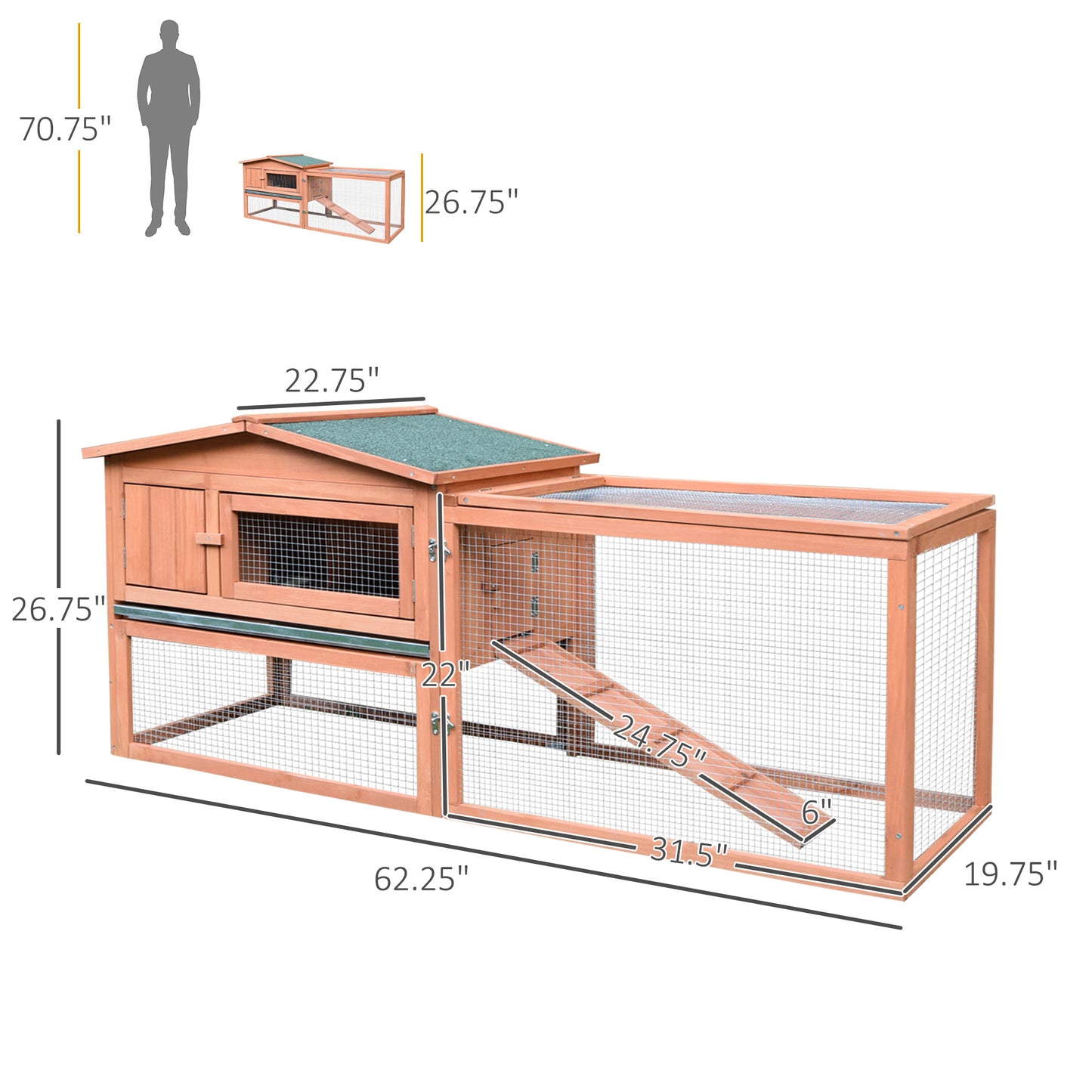 PawHut Rabbit Cage Outdoor, 62" Wooden Outdoor Rabbit Hutch, Small Animal Habitat with Detachable Run and Elevated Main House, Natural