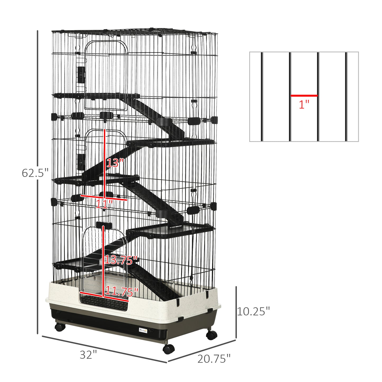 PawHut 32"L 6-Level Small Animal Cage Rabbit Hutch with Universal Lockable Wheels, Slide-out Tray for Bunny, Chinchillas, Ferret, Black