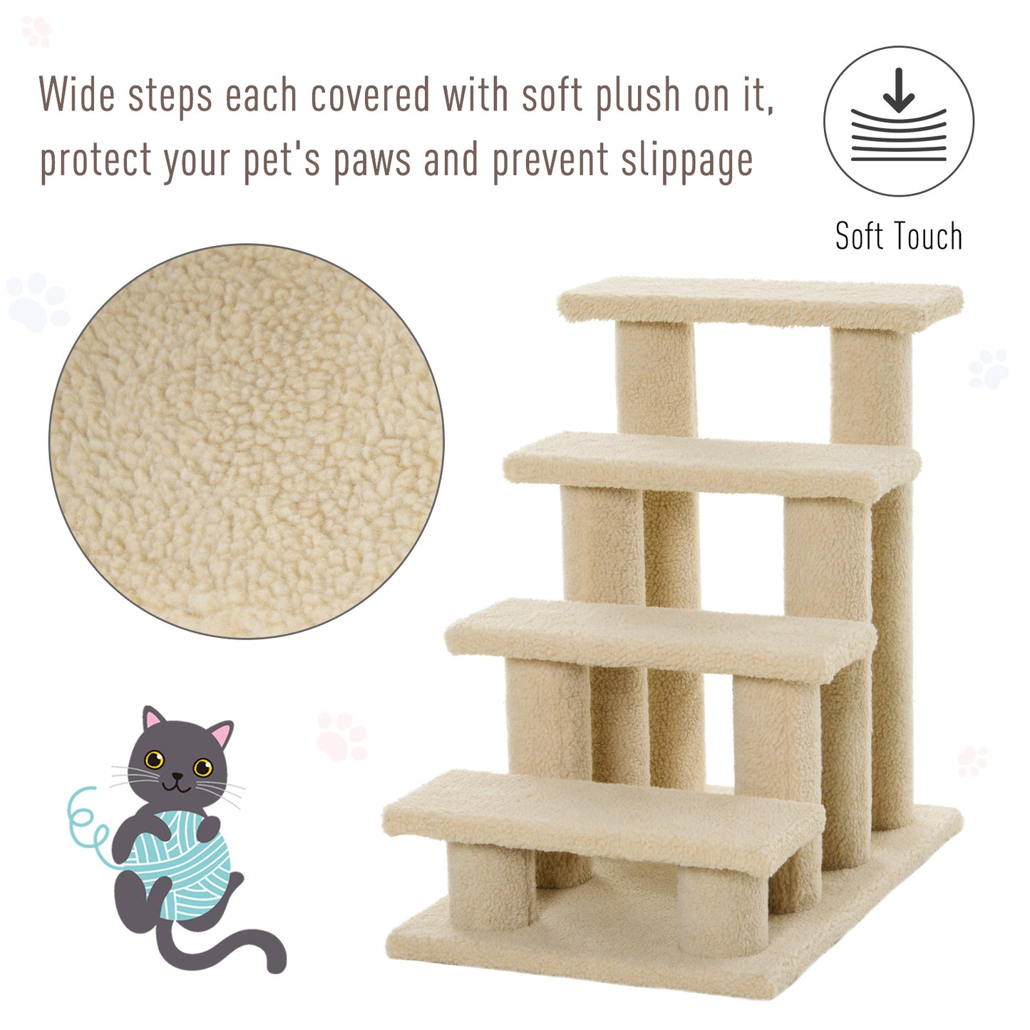 PawHut 25" 4-Step Multi-Level Carpeted Cat Scratching Post Pet Stairs, Cream White