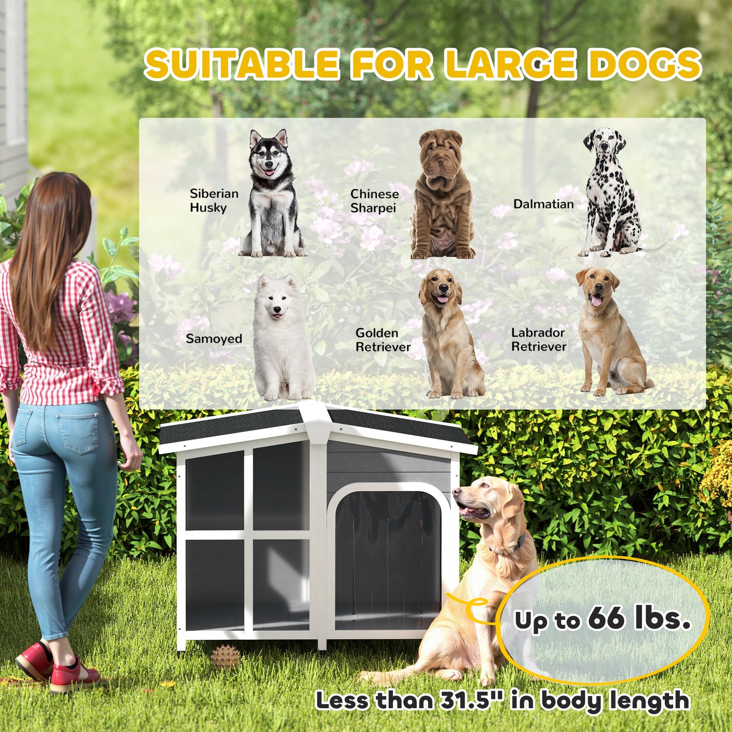 PawHut Cabin-Style Wooden Dog House for Large Dogs with Openable Roof & Giant Window, Dark Gray