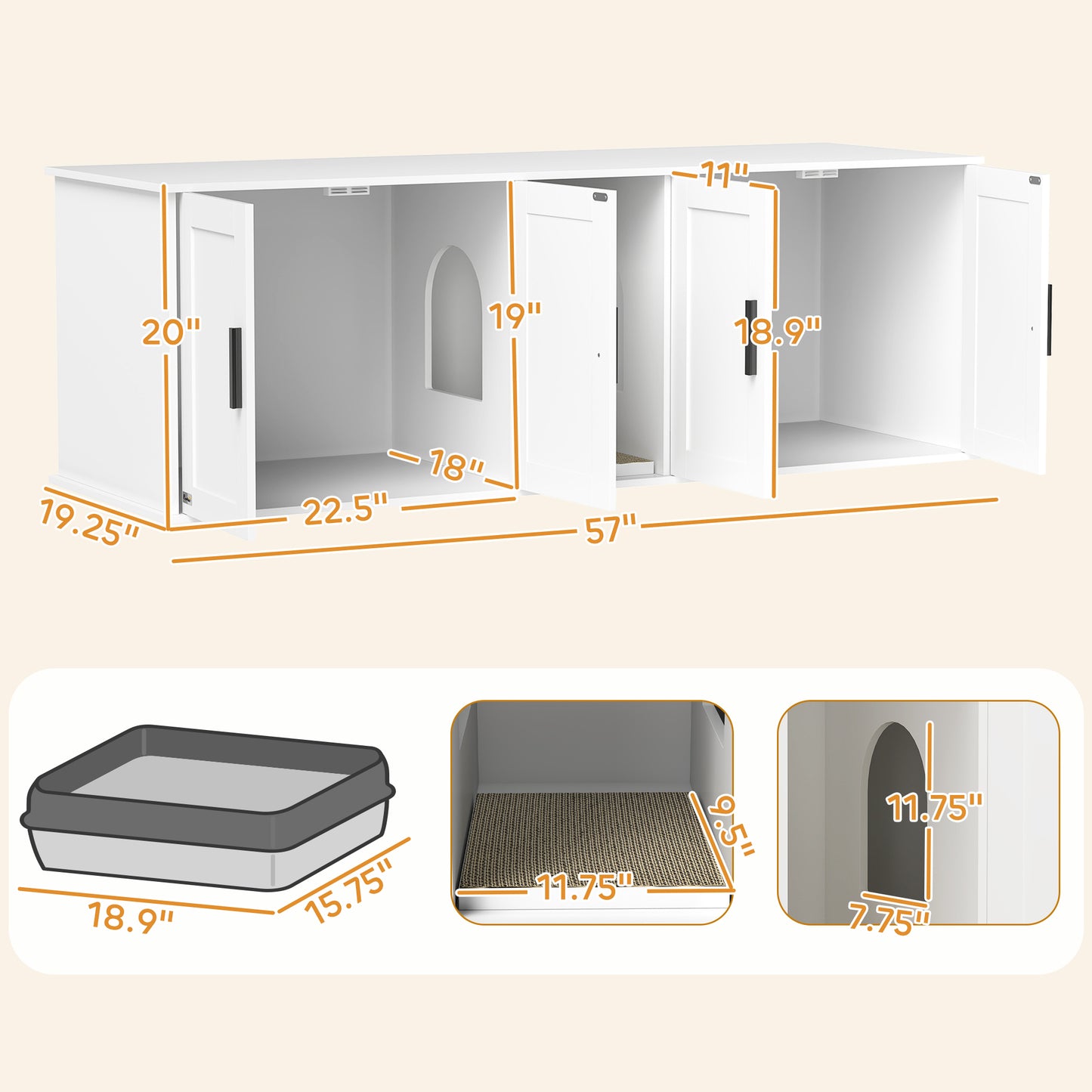 PawHut Double Cat Litter Box Enclosure w/ Scratching Mat – White (57")