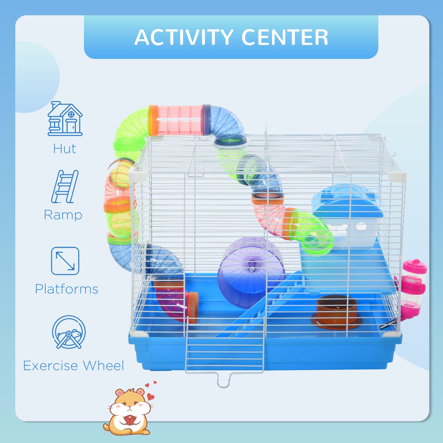 PawHut 2-Level Hamster Cage Rodent Gerbil House Mouse Mice Rat Habitat Metal Wire with Exercise Wheel, Play Tubes, Water Bottle, Food Dishes, & Interior Ladder