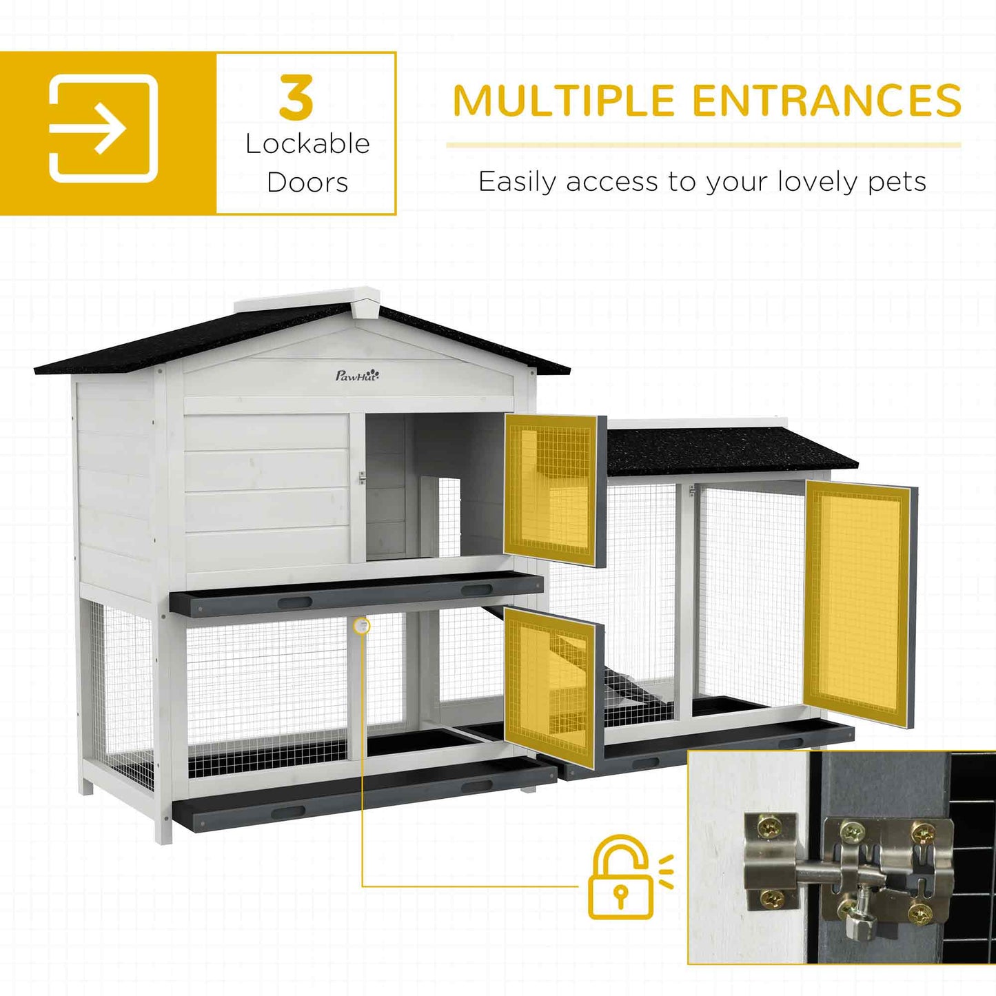 PawHut 62" Rabbit Hutch, Wooden Bunny Hutch, Guinea Pig Cage, Small Animal Enclosure with Run Area, Removable Tray, Asphalt Roof, Lockable Doors and Ramp, for Rabbits, Chickens, Ducks, White