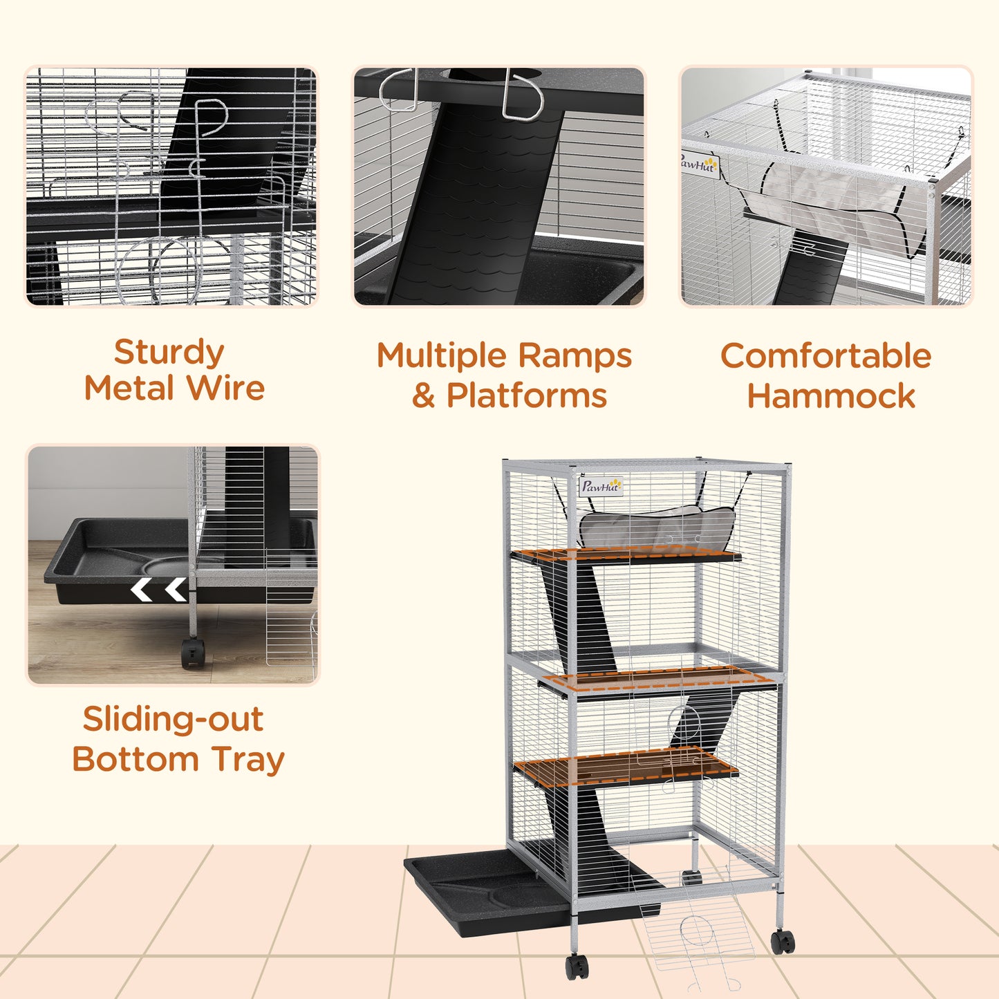 PawHut 45" H Rolling Small Animal Cage with Hammock, Ferret Cage, Chinchilla Cage, Pet Habitat with 6 Doors, Removable Tray