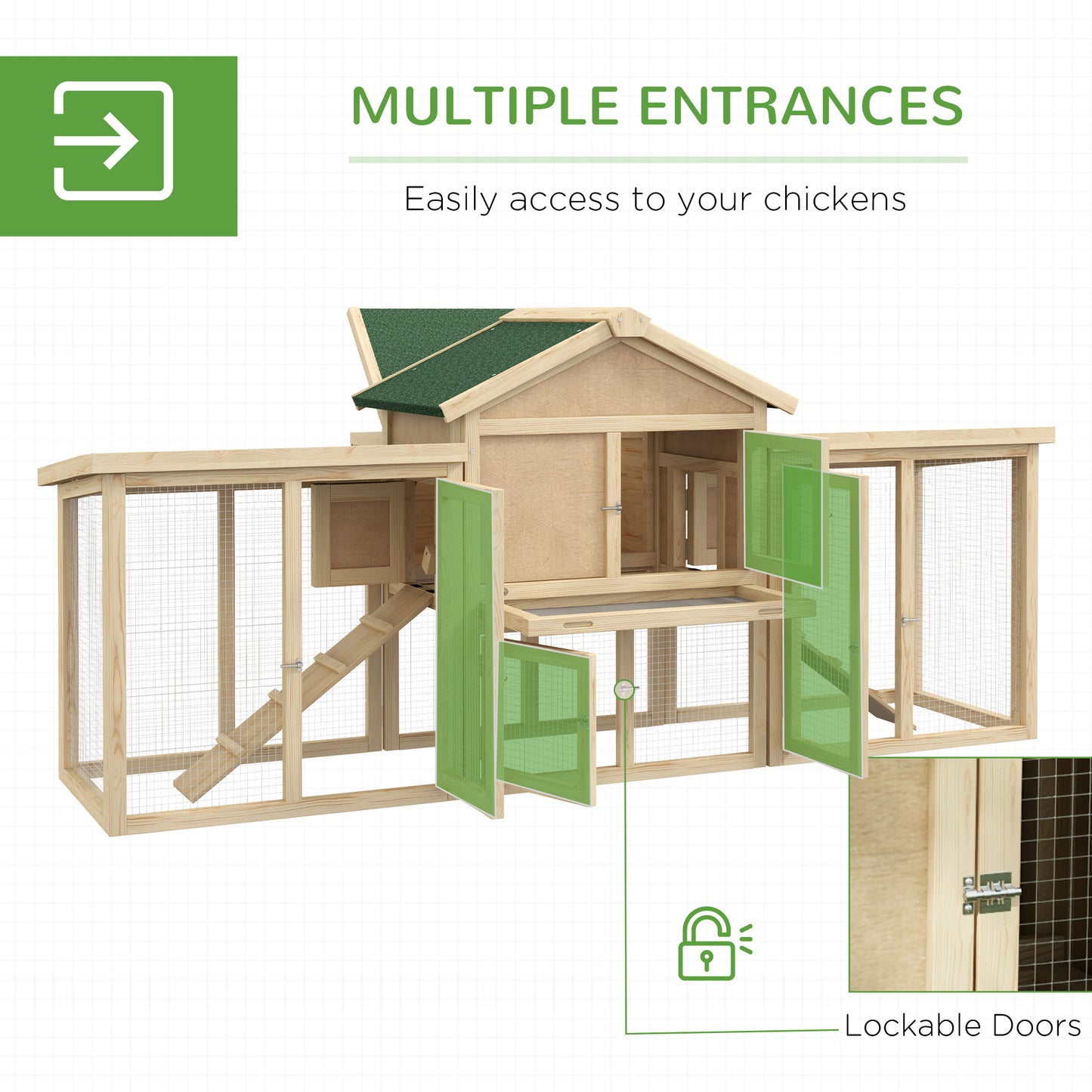 PawHut Wooden Chicken Coop ith Nesting Box, Double Runs, Removable Tray, Ramps, for Garden Backyard