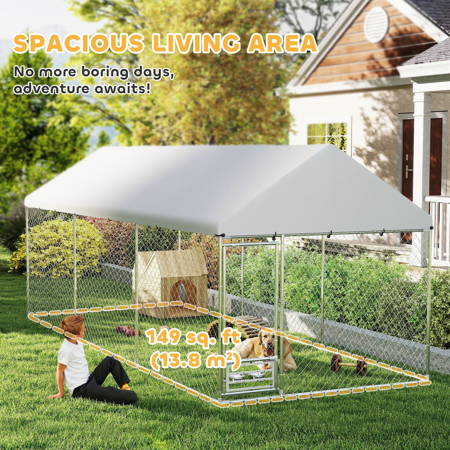 PawHut Outdoor Dog Kennel w/ Adjustable & Rotatable Bowl Rack, Waterproof UV-Resistant Cover, Secure Lock, 19.7' x 7.5' x 7.5'