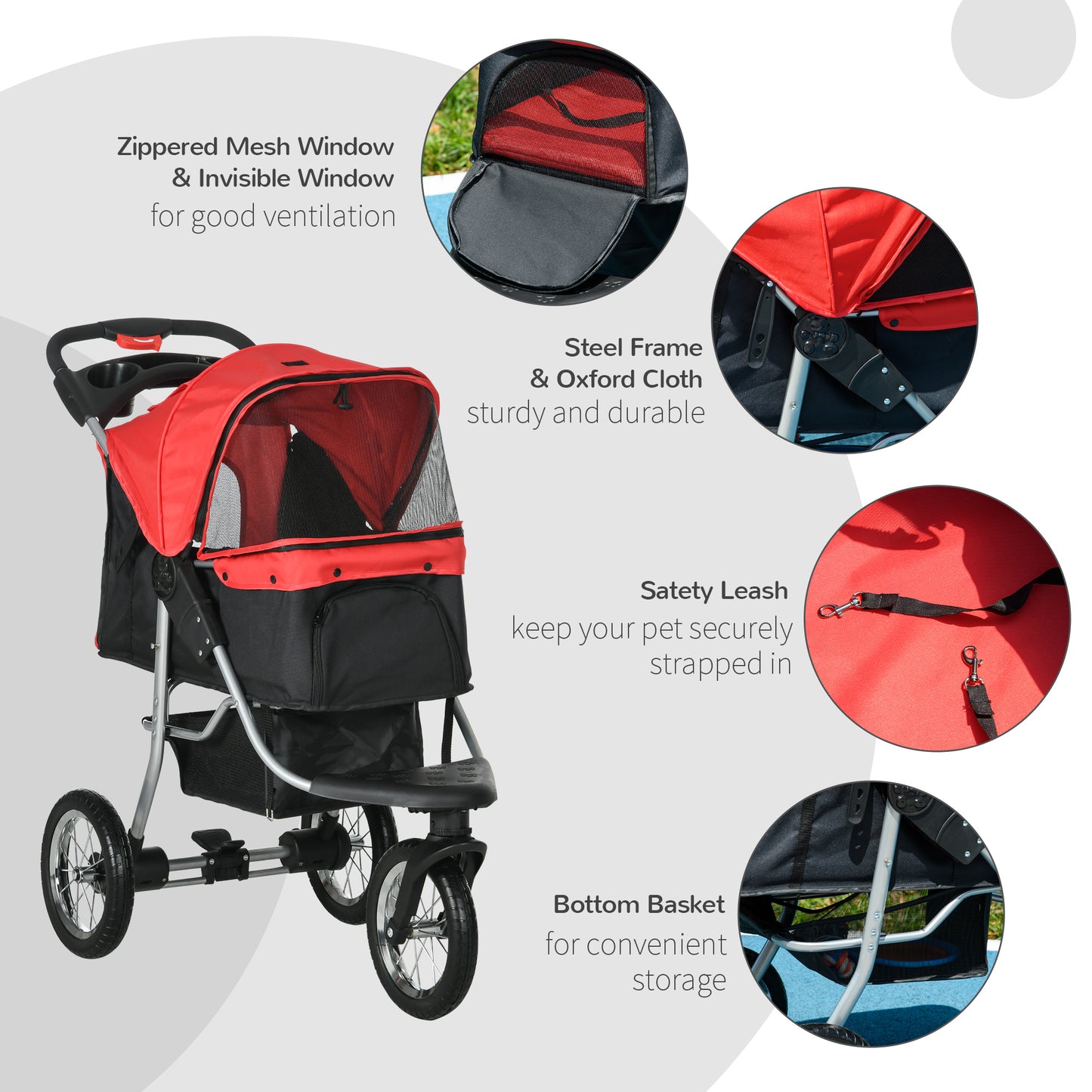 PawHut Luxury One-click Folding Pet Stroller Dog/Cat Travel Carriage with Wheels Adjustable Canopy Zippered Mesh Window Door Red and Black